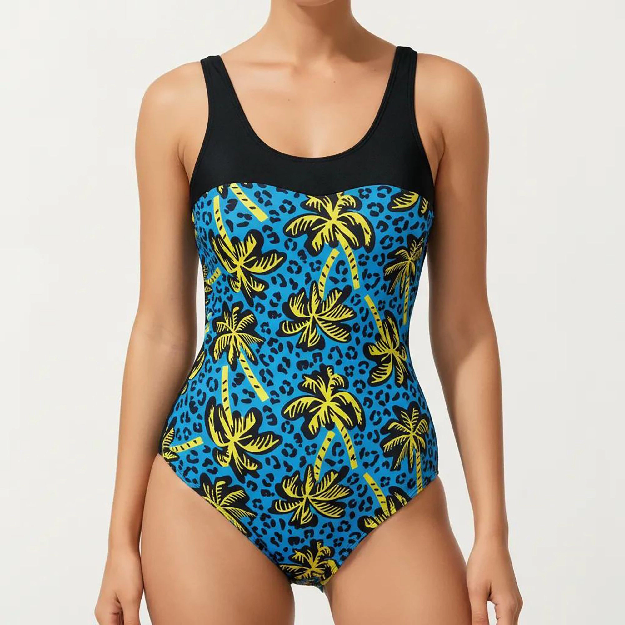 Anna-Kaci Women Palm Tree Print One-Piece Swimsuit, Scoop Neck with Contrast Upper Panel