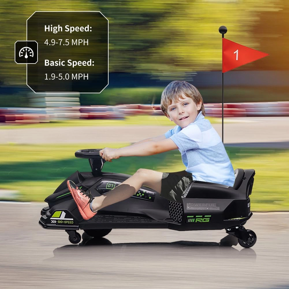 Enjyam 24V Kids Electric Drift Go Kart, Ride On Car w/Variable Speed up to 7.5MPH, Music, LED Lights, USB