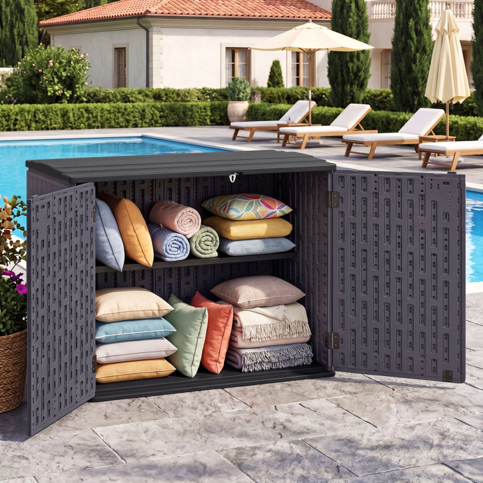 SUGIFT 20 Cu.Ft Horizontal Resin Storage Shed with Adjustable Shelf 860-lb Overall Capacity 46.5-in Wide Brown