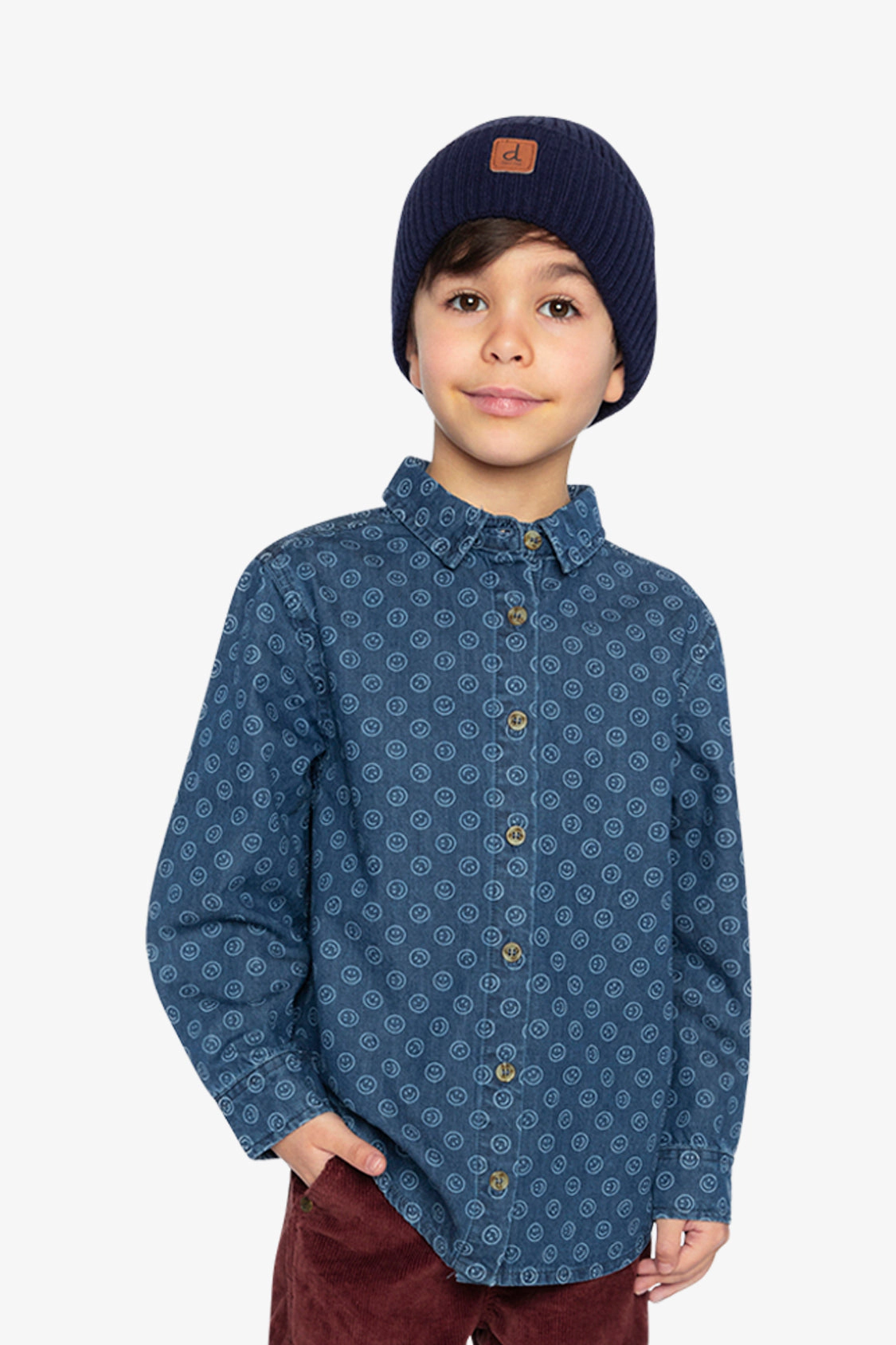 Deux par Deux Boys Smiley Print Chambray Shirt