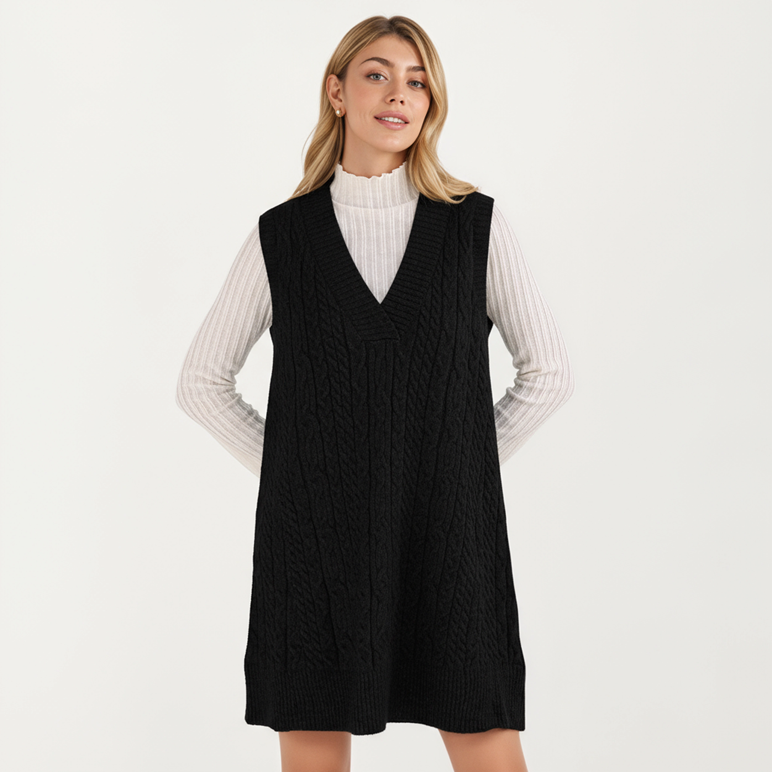 Anna-Kaci Women's Cable Knit Deep V-Neck Sleeveless Sweater Dress