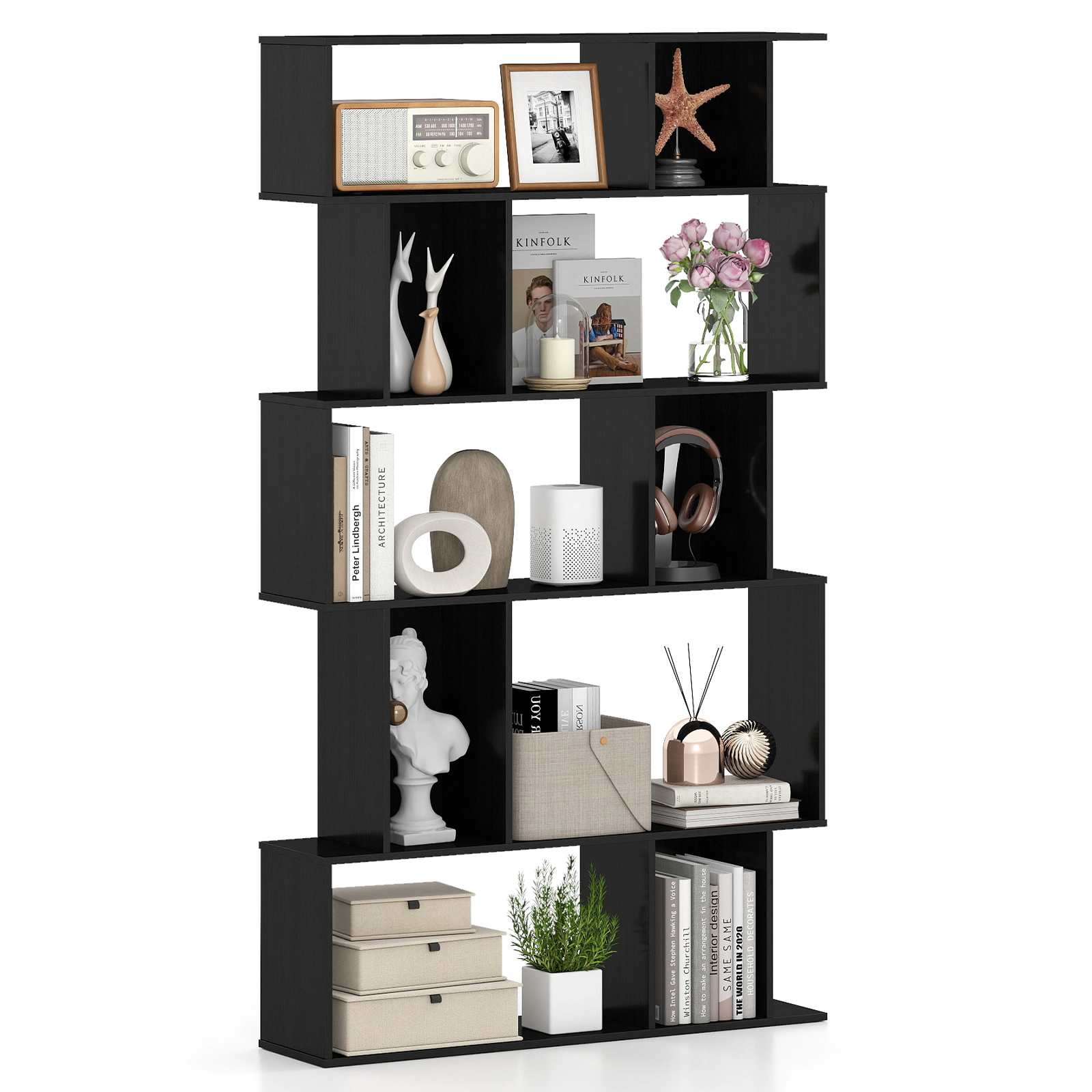 LJG Geometric Bookshelf 5-Tier Bookcase with Open Shelves and Closed-Back Cubes