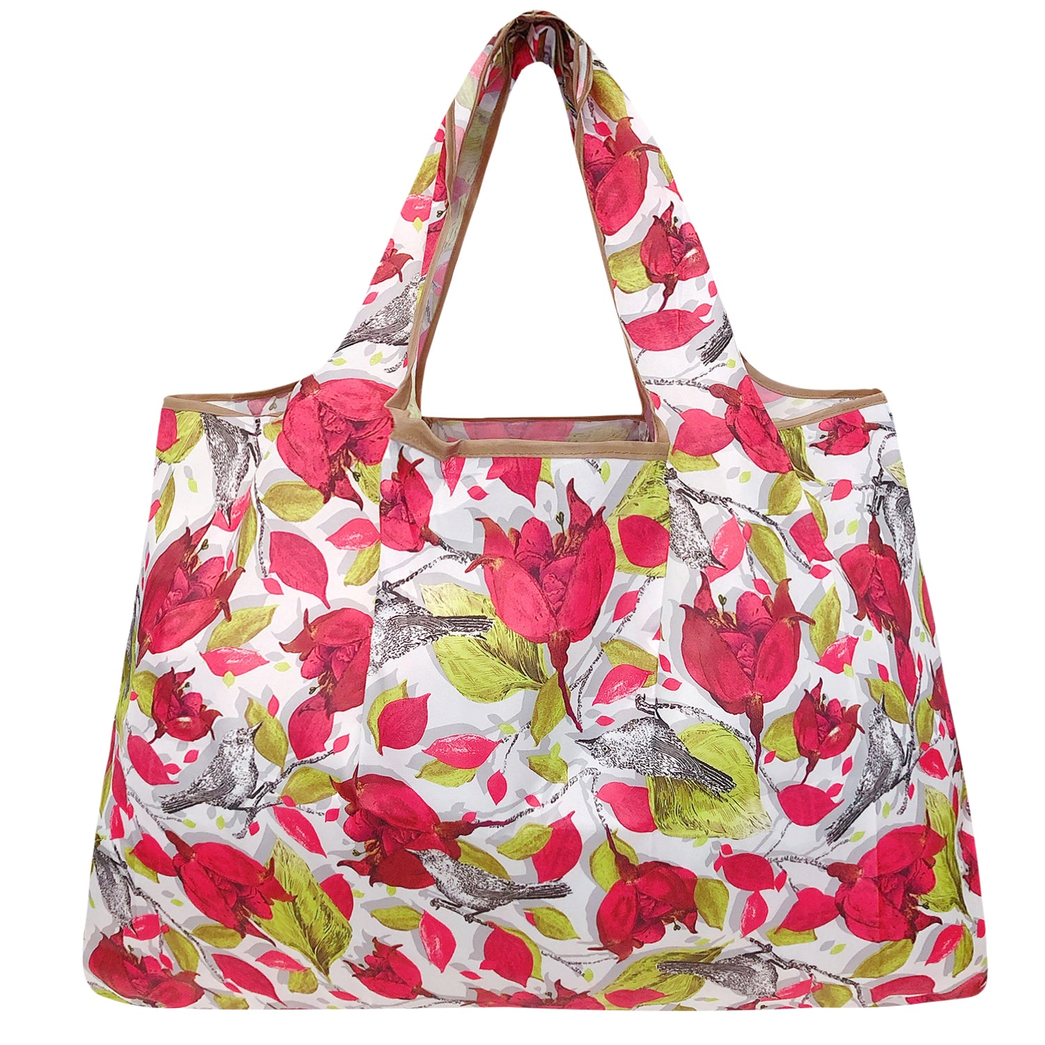 Wrapables Large Nylon Reusable Shopping Bag for Groceries, Red Floral with Gray Birds