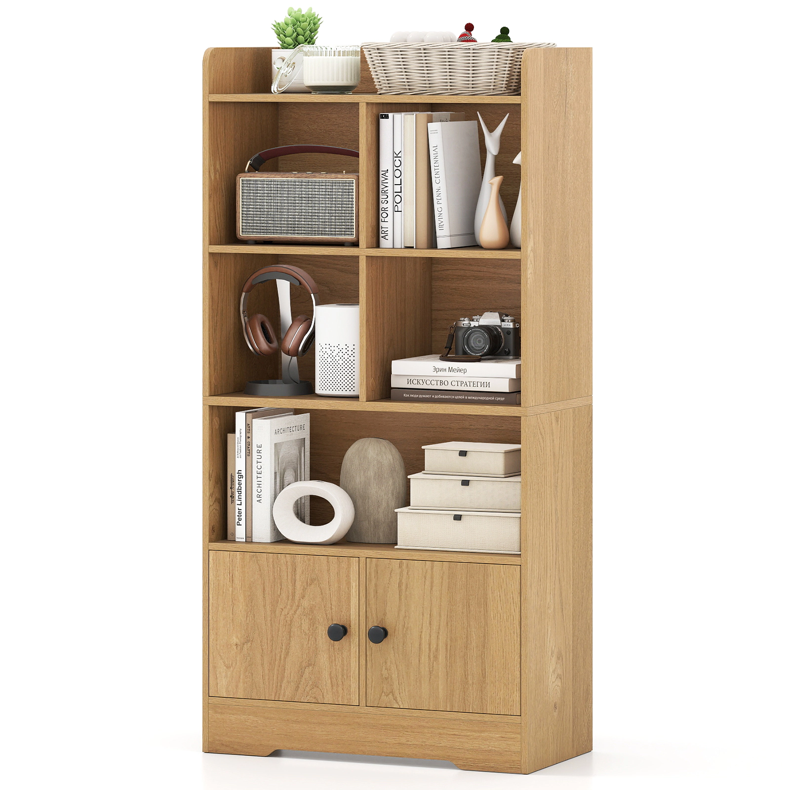 LJG 4 Tiers Bookshelf with Cubes Display Shelf and 2 Doors