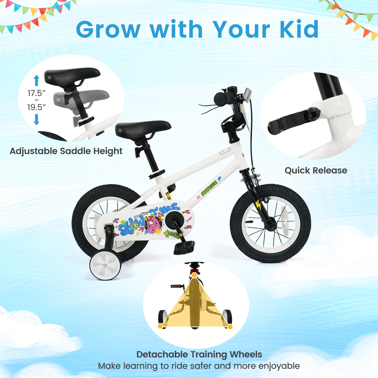 LJG Kids Bike with Training Wheels White - Street Art Time