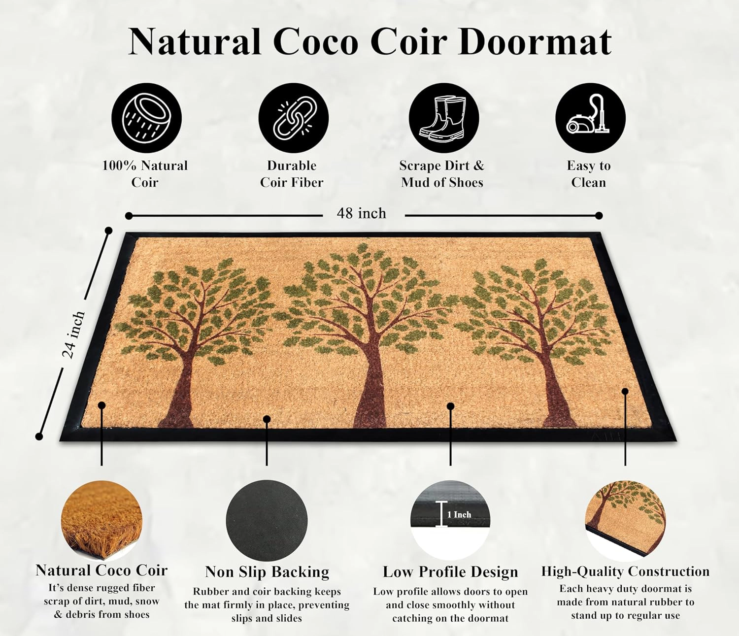 A1 Home Collections Door Mat 24x48 Inches Heavy Duty Non-Slip Rubber-Backed Green Three Tree