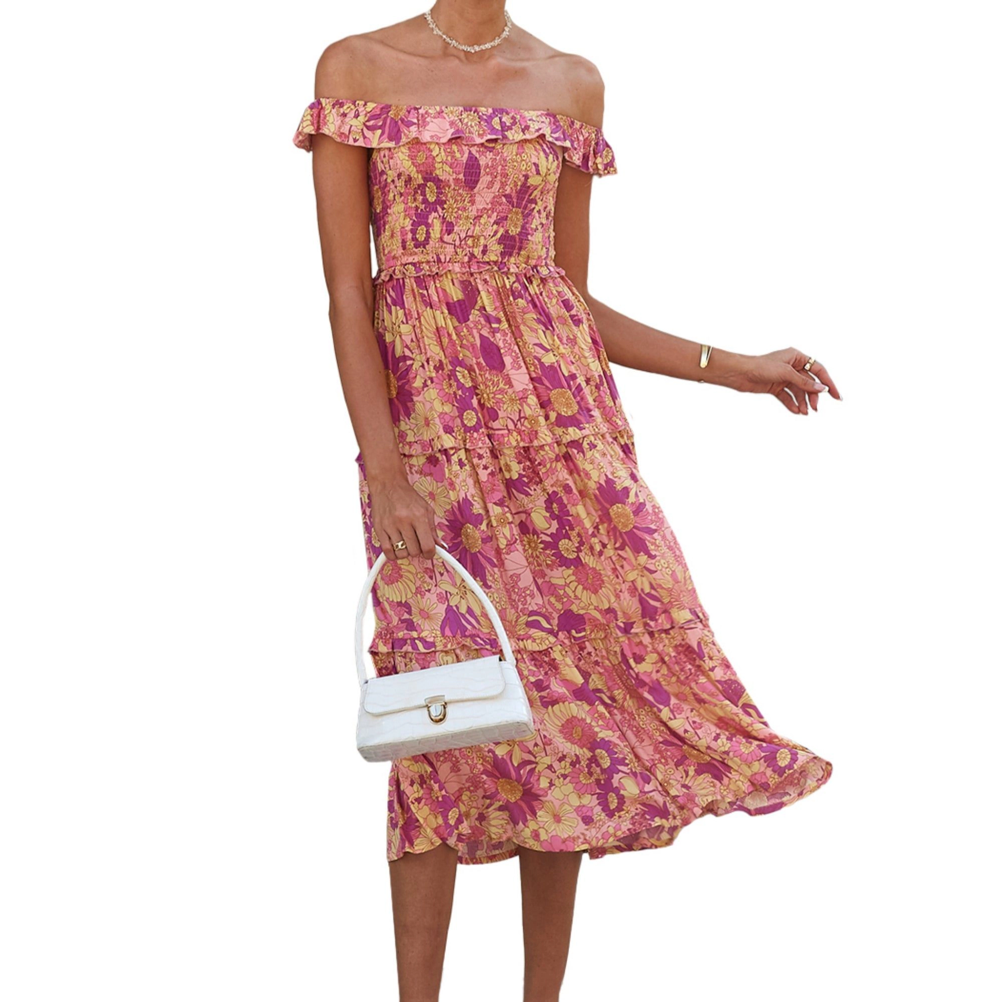 Anna-Kaci Women's Smocked Chest Ruffle Strap Floral Print Hem Maxi Dress