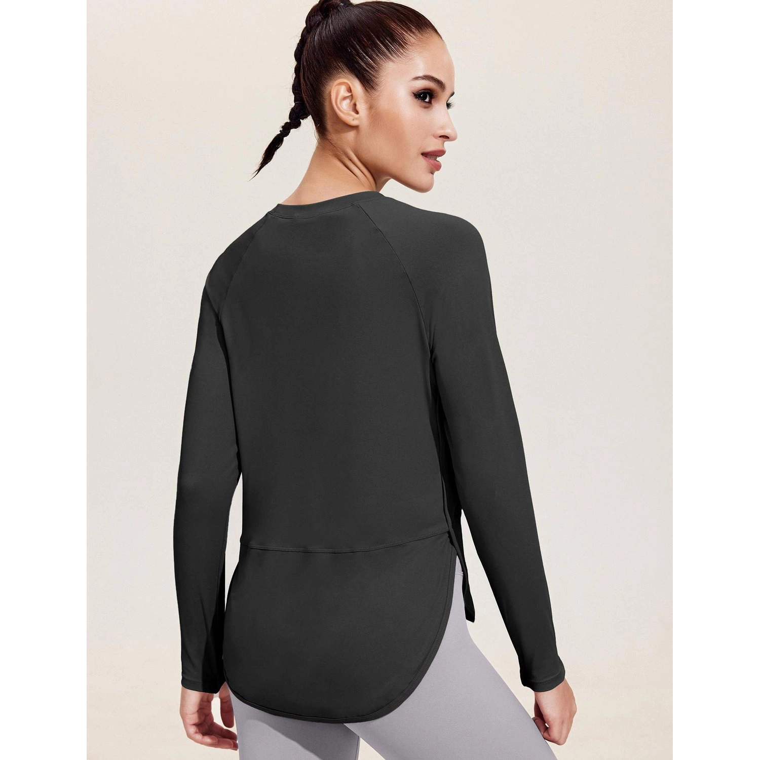Pinspark Womens Long Sleeve Workout Tops Crew Neck Side Split Loose Casual Tunics