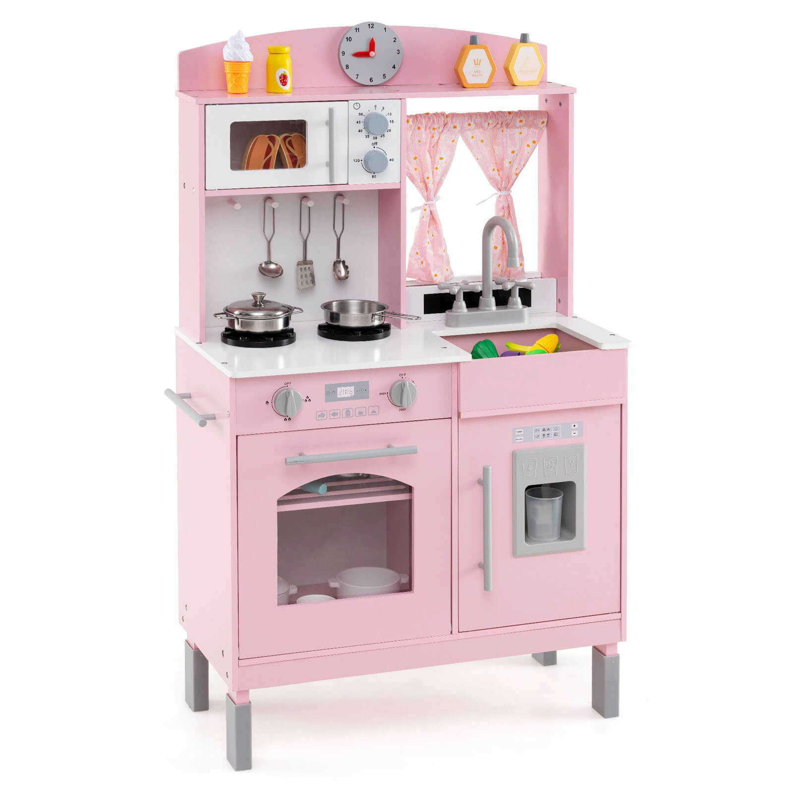 Costway Play Kitchen with 3 Adjustable Heights, Microwave, Stoves, Sink, Oven, Ice Maker White