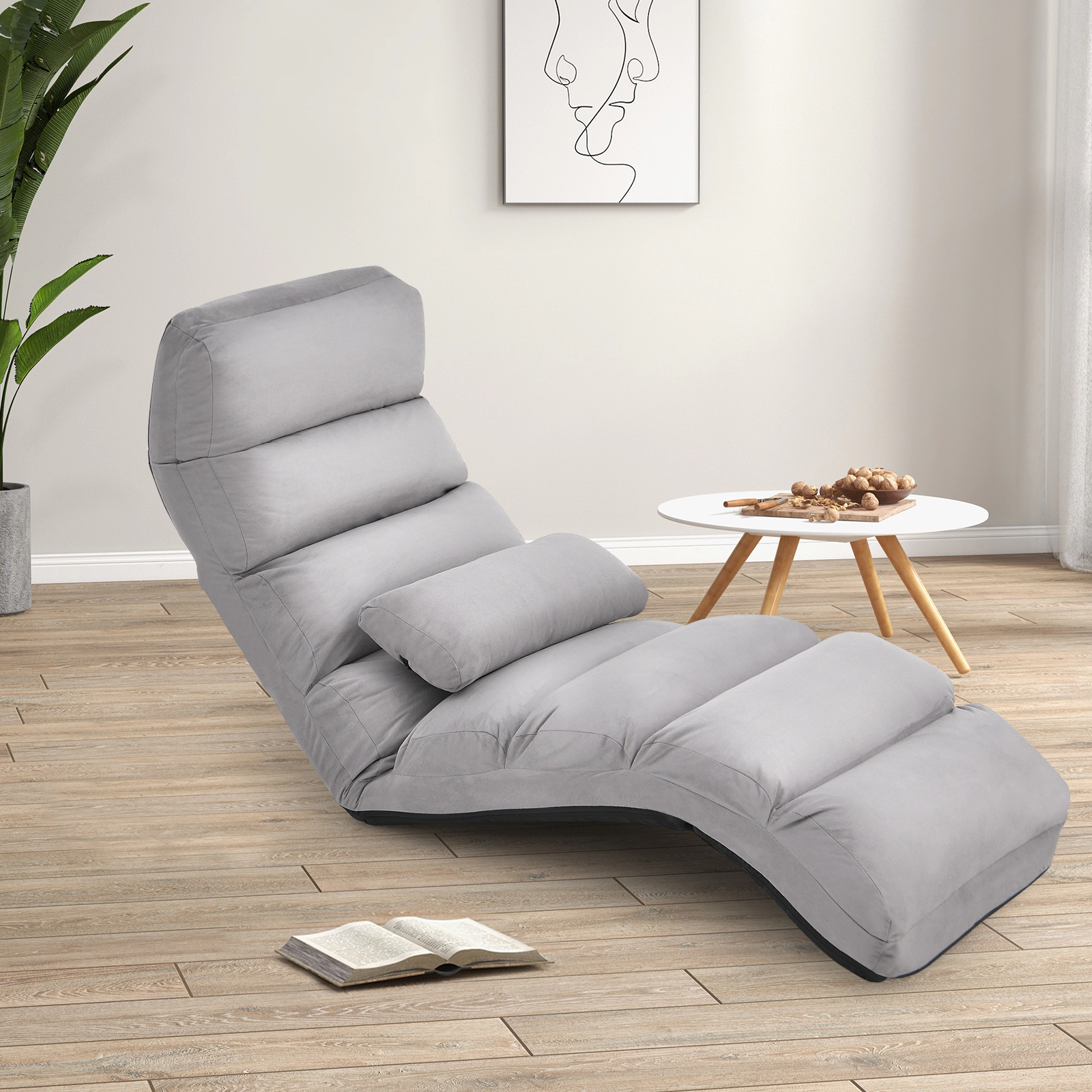 SUGIFT 5-Position Backrest 3-Position Footrest Faux Suede Floor Sofa Chair 70-in x 22-in x 8.5-in 230-lb Capacity Gray
