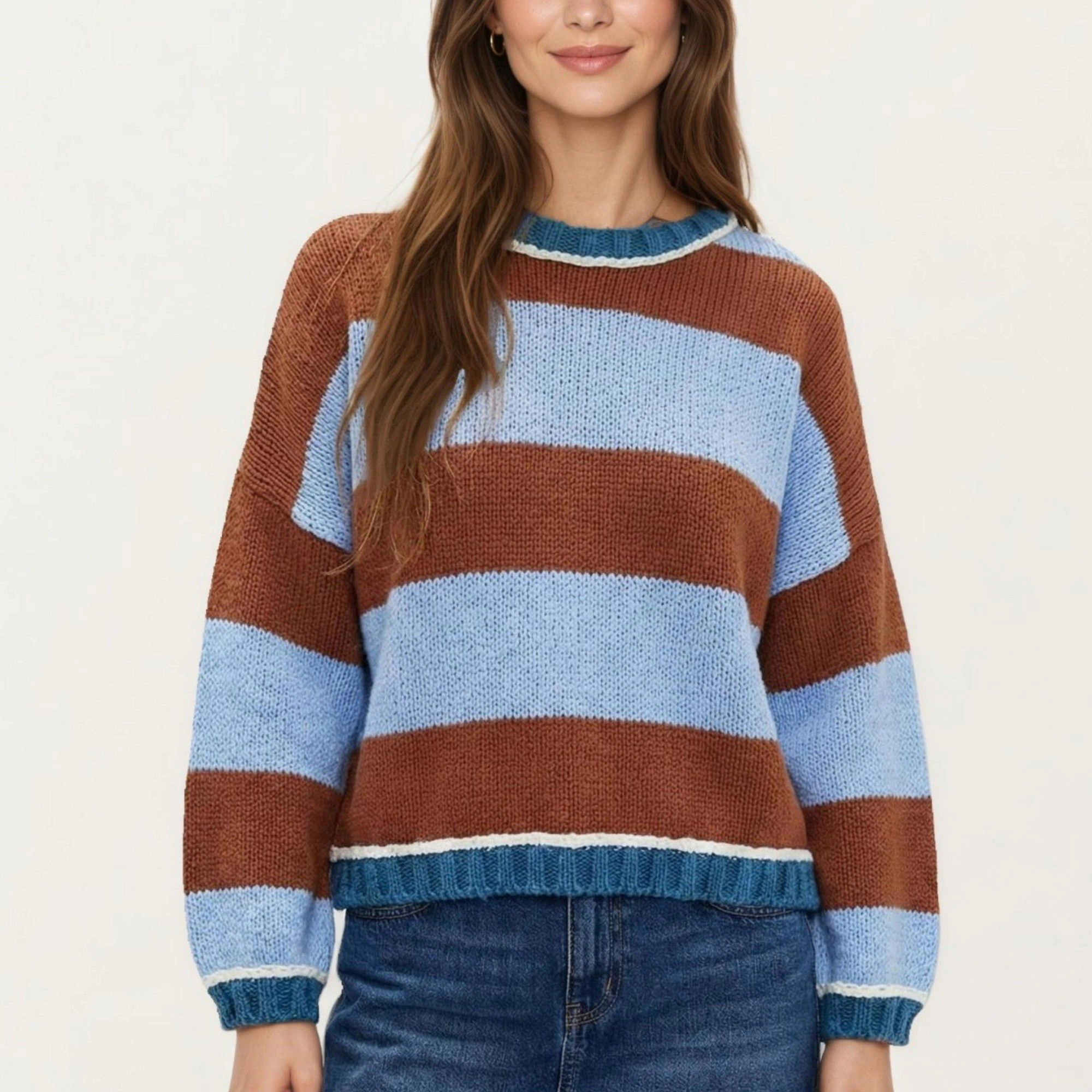 Anna-Kaci Women's Striped Knit Sweater with Color Block Design, Ribbed Trim and Relaxed Drop Shoulder Fit