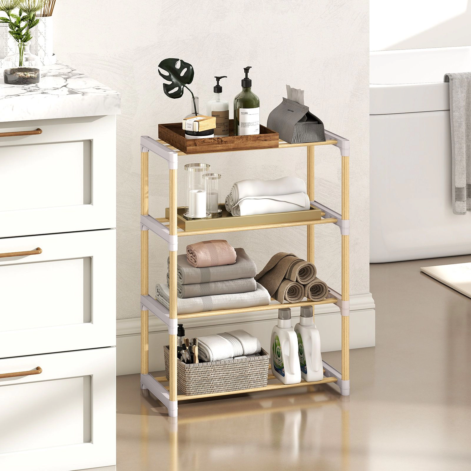 SlickBlue 4-Tier Stackable Shoe Rack with Solid Pine Wood Shelves