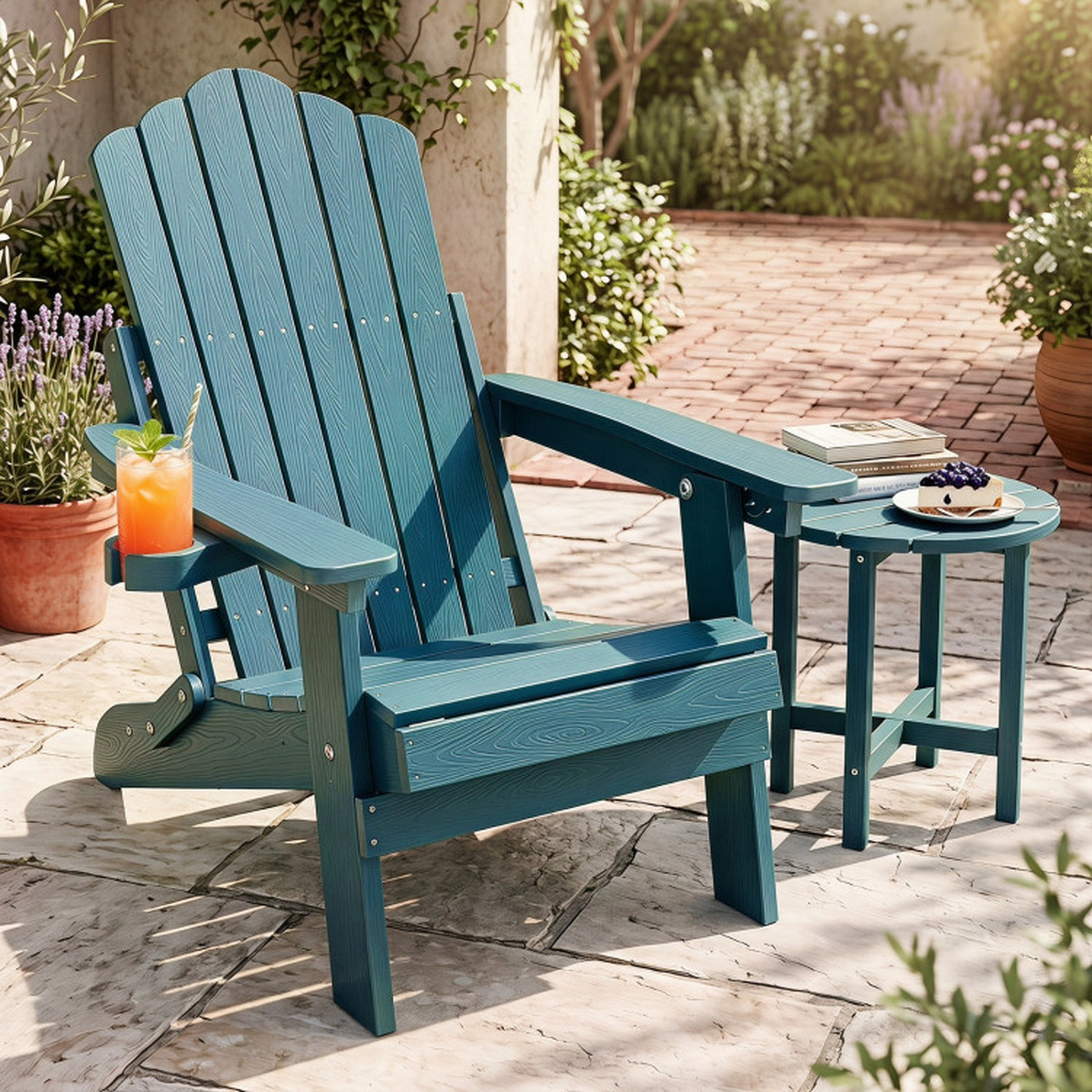 SUGIFT Green Folding Adirondack Chair with Cup Holder and 5-Level Backrest 46.5-in W 29-in D 330-lb Seat Capacity