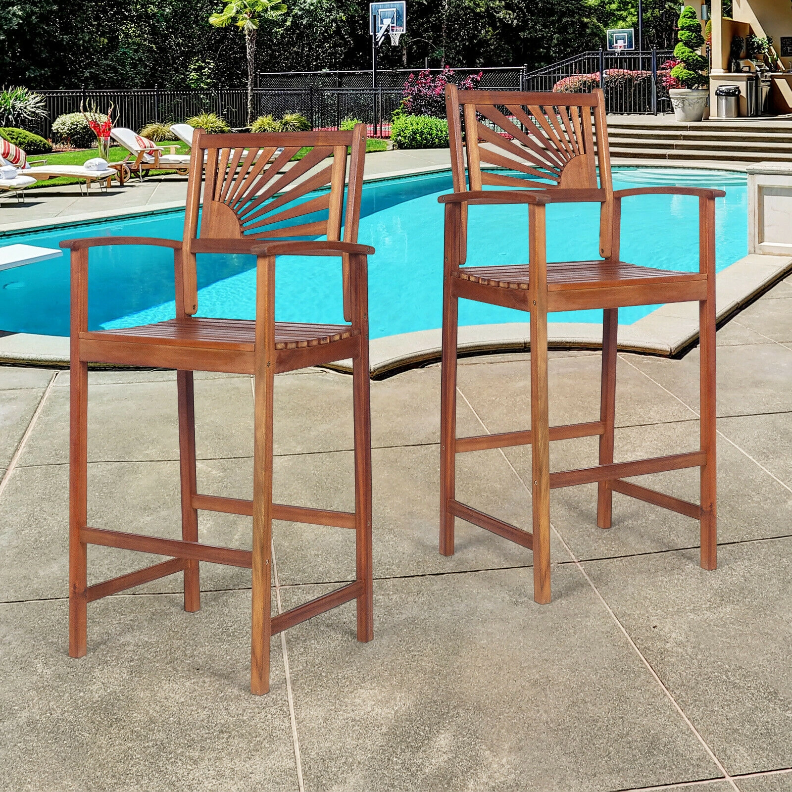 LJG 2 Pieces Outdoor Acacia Wood Bar Chairs with Sunflower Backrest and Armrests