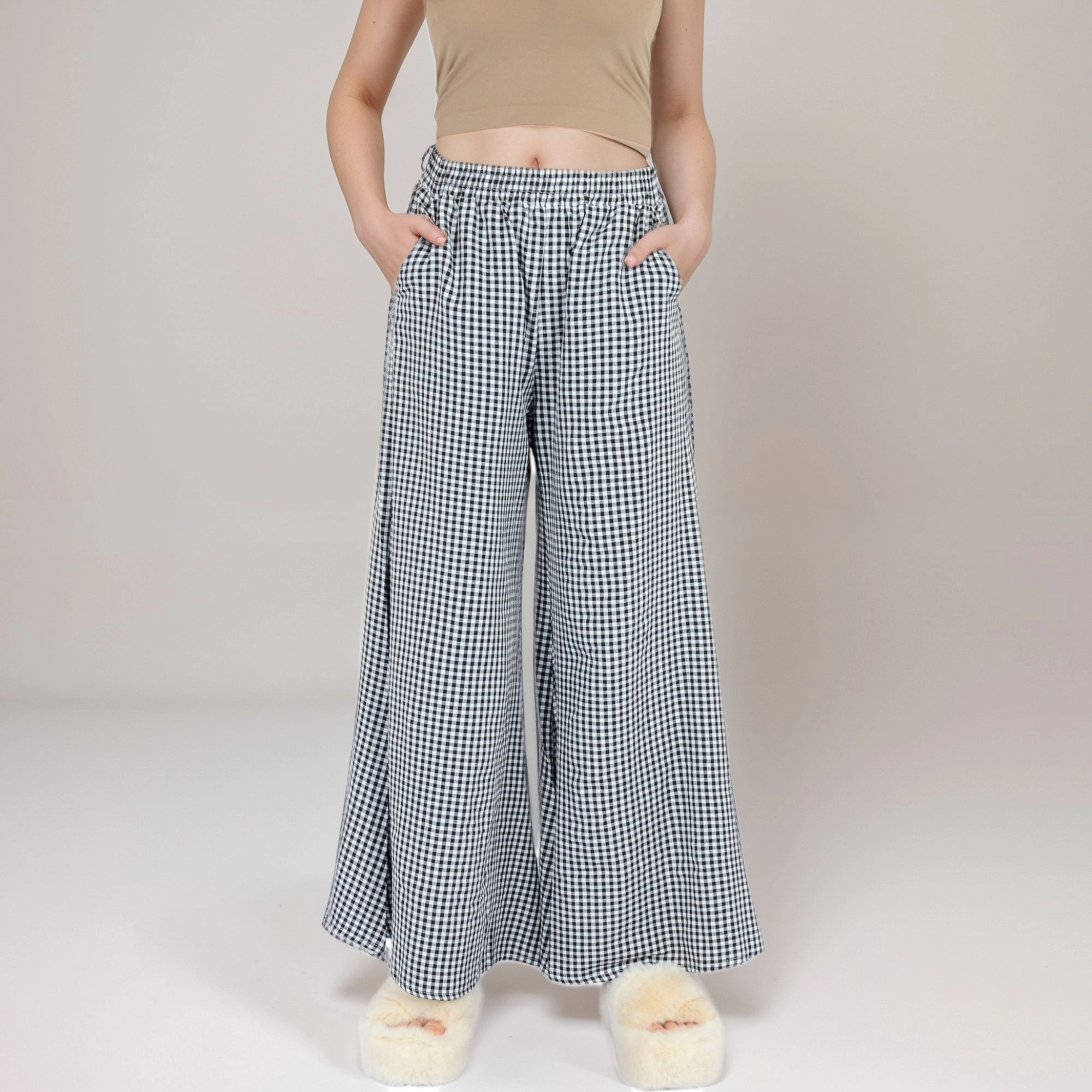Anna-Kaci Women's Gingham Wide Leg Lounge Pants with Elastic Waistband Side Pockets and Draped Full-Length Fit