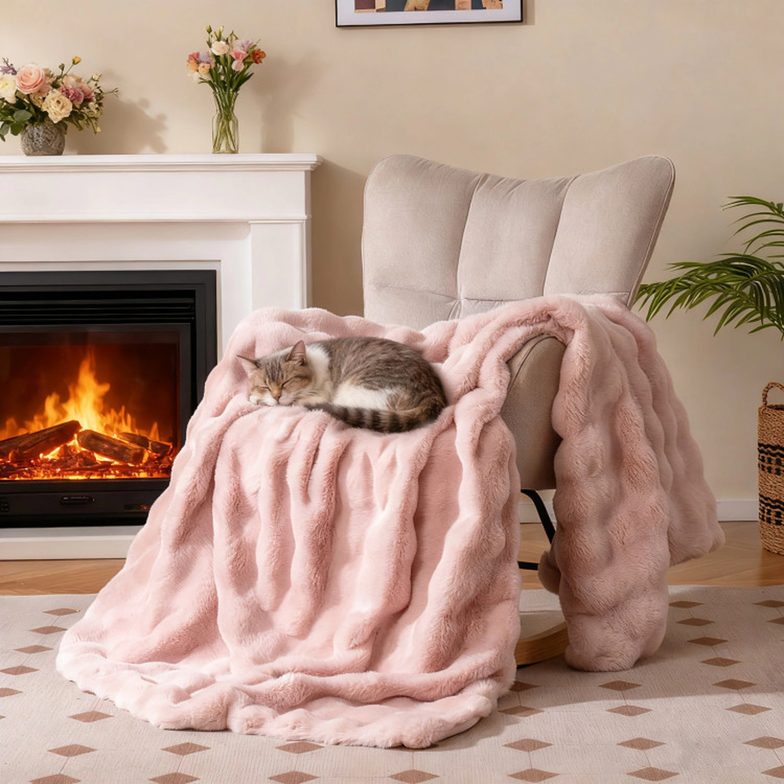 SUGIFT Pink 60-in by 80-in 620-GSM Fluffy Faux Rabbit Fur Bubble Throw Blanket with Flannel Back
