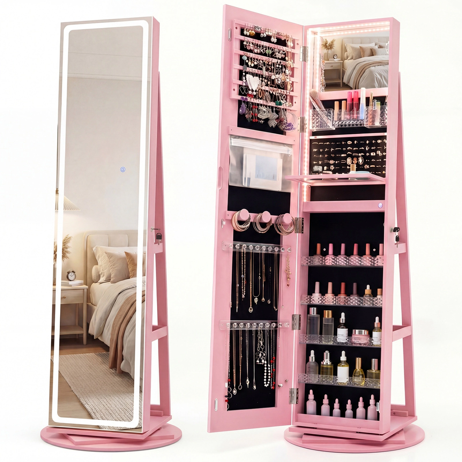 SUGIFT 63-in Pink Lockable Standing Jewelry Armoire Cabinet with LED Full-Length Mirror and Rotating Base