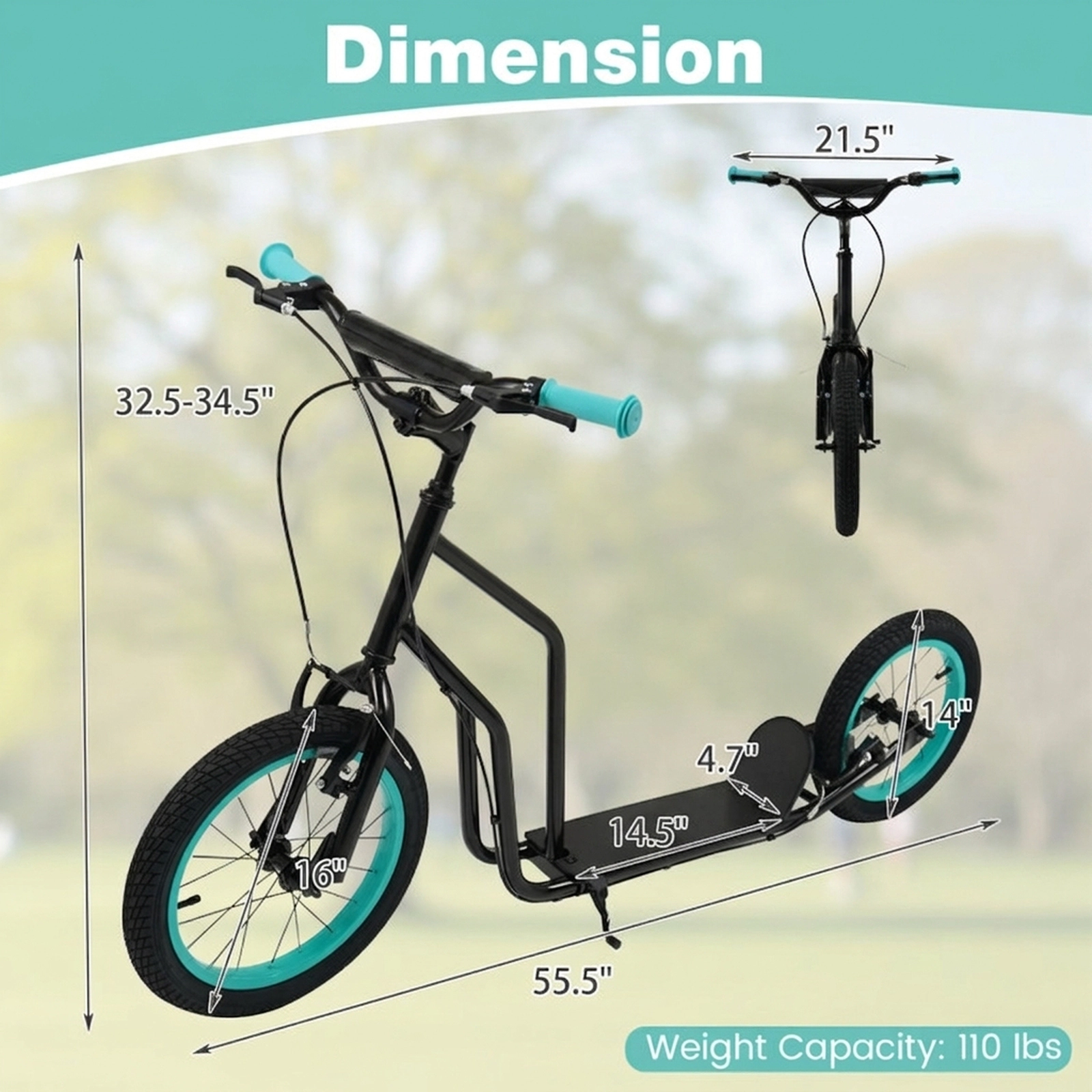 SUGIFT Youth Scooter with Adjustable Handlebar and 16/14-in Inflatable Wheels 110-lb Capacity Ages 8+ Black