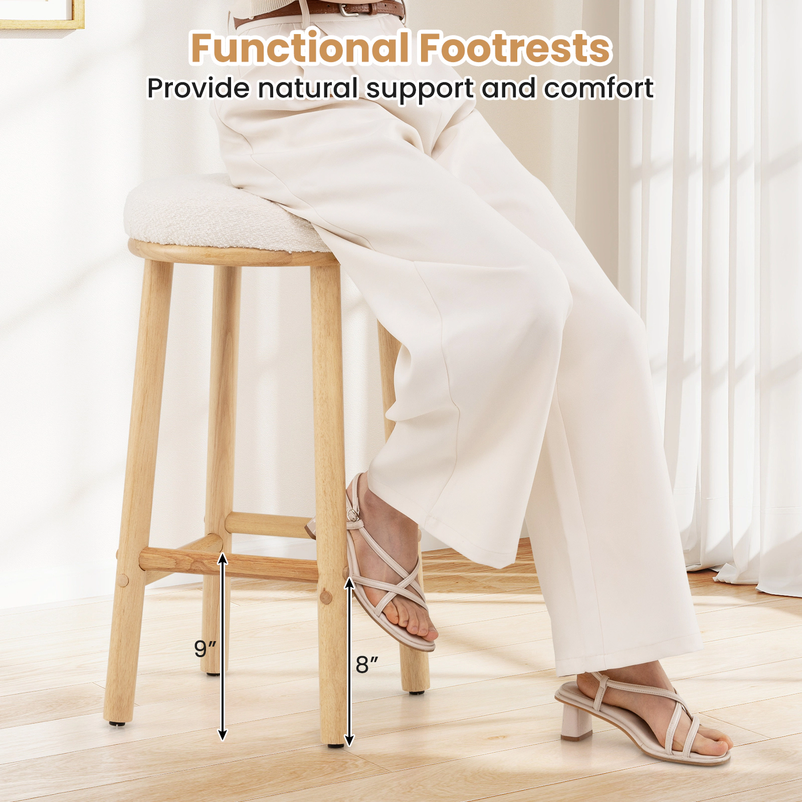 Glintex 2-Piece 27-Inch Backless Counter Stool Set with Boucle Fabric Seat, White & Natural