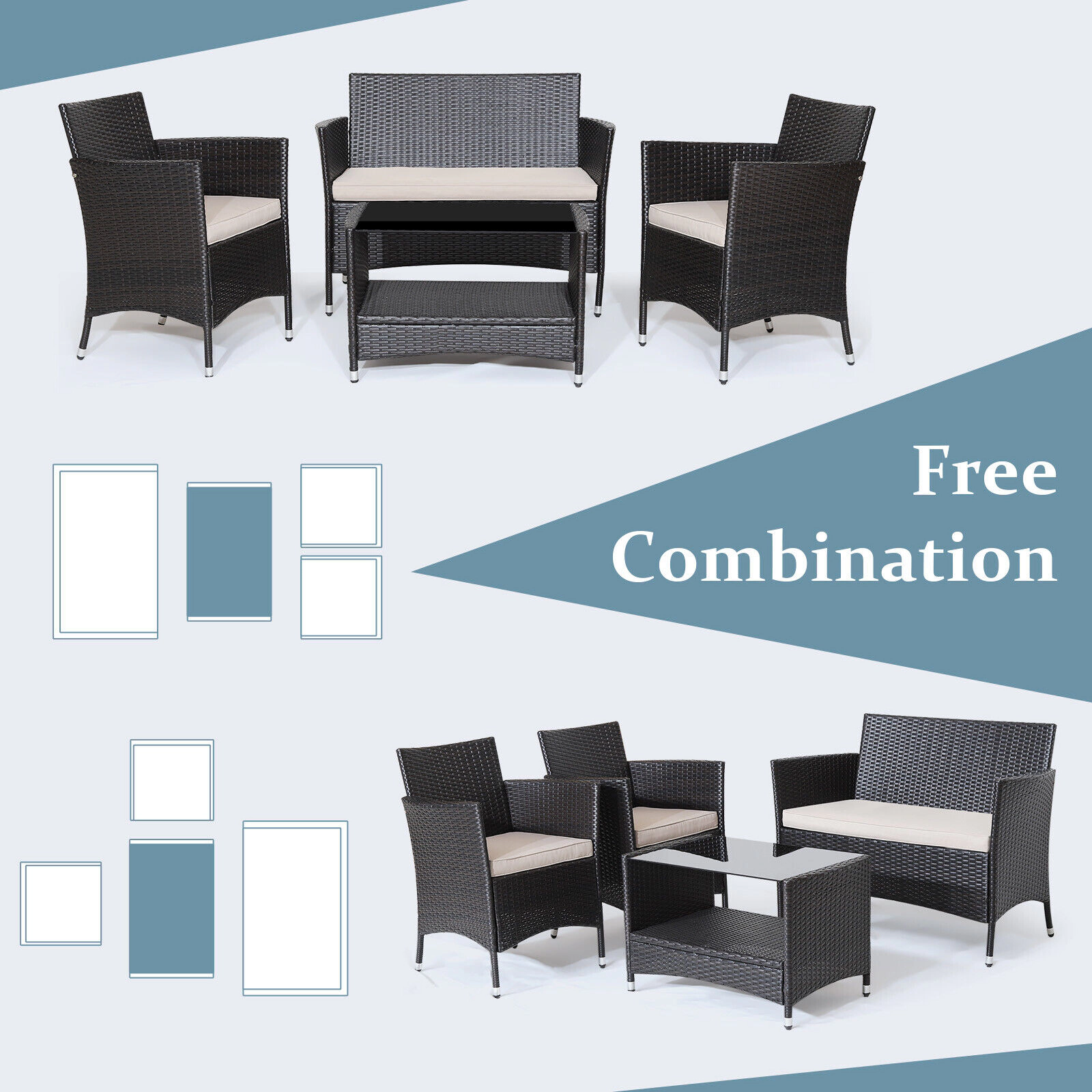 SUGIFT 4-Piece Mix Brown PE Rattan Patio Set with Loveseat, 2 Armchairs and Glass Coffee Table