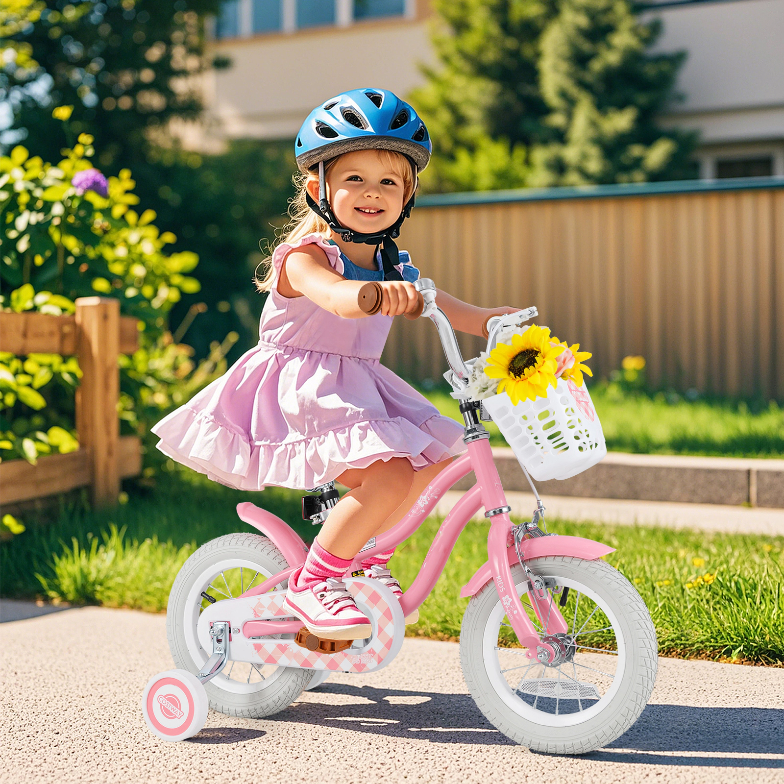 SUGIFT Height-Adjustable 12-Inch Kids Bicycle with Training Wheels and Basket 99-lb Seat Capacity Ages 3-4 Years Peach