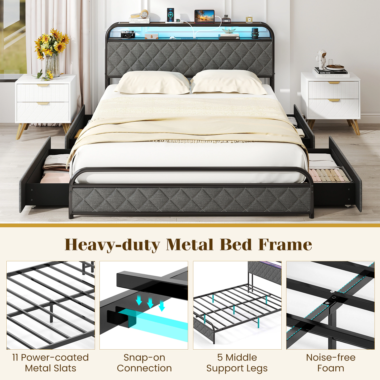 SUGIFT Queen Platform Bed Frame with LED Lights, Charging Station, 4 Storage Drawers, Bookcase Headboard, Black