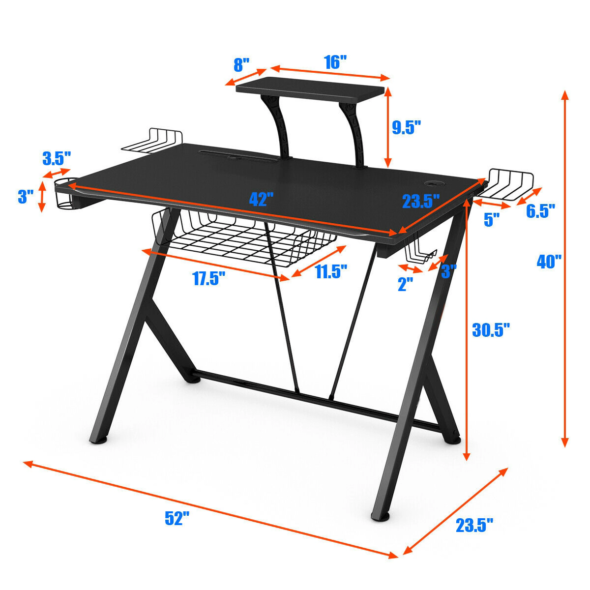 SUGIFT 52-Inch Black Curved Gaming Desk with Cup Holder and Monitor Shelf