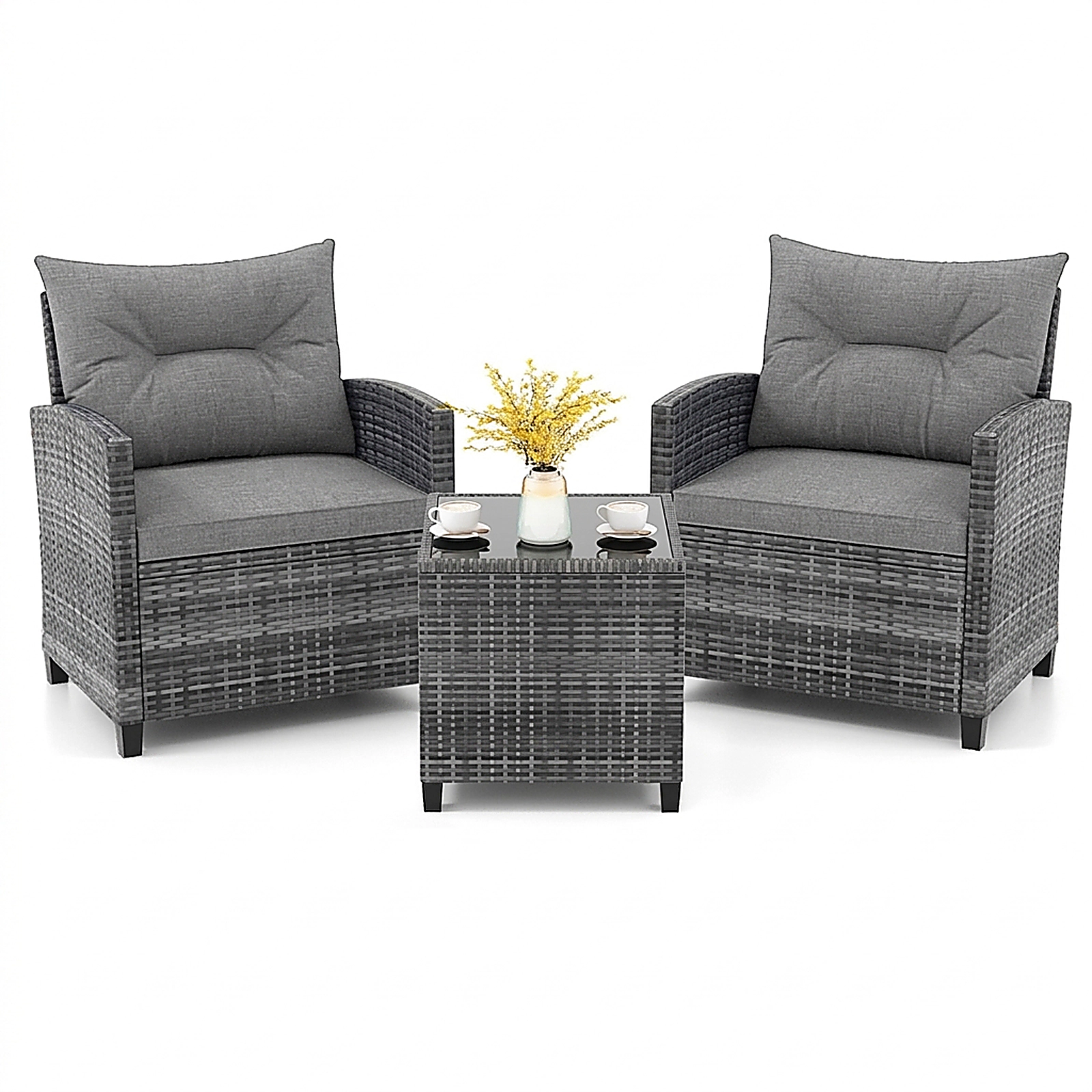 SUGIFT 3-Piece Gray Outdoor Wicker Bistro Set with Steel Frames and Glass Table