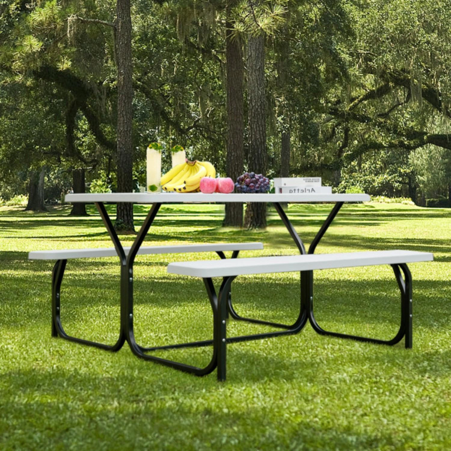 Hivvago Hdpe Outdoor Picnic Table Bench Set With Metal Base-Coffee