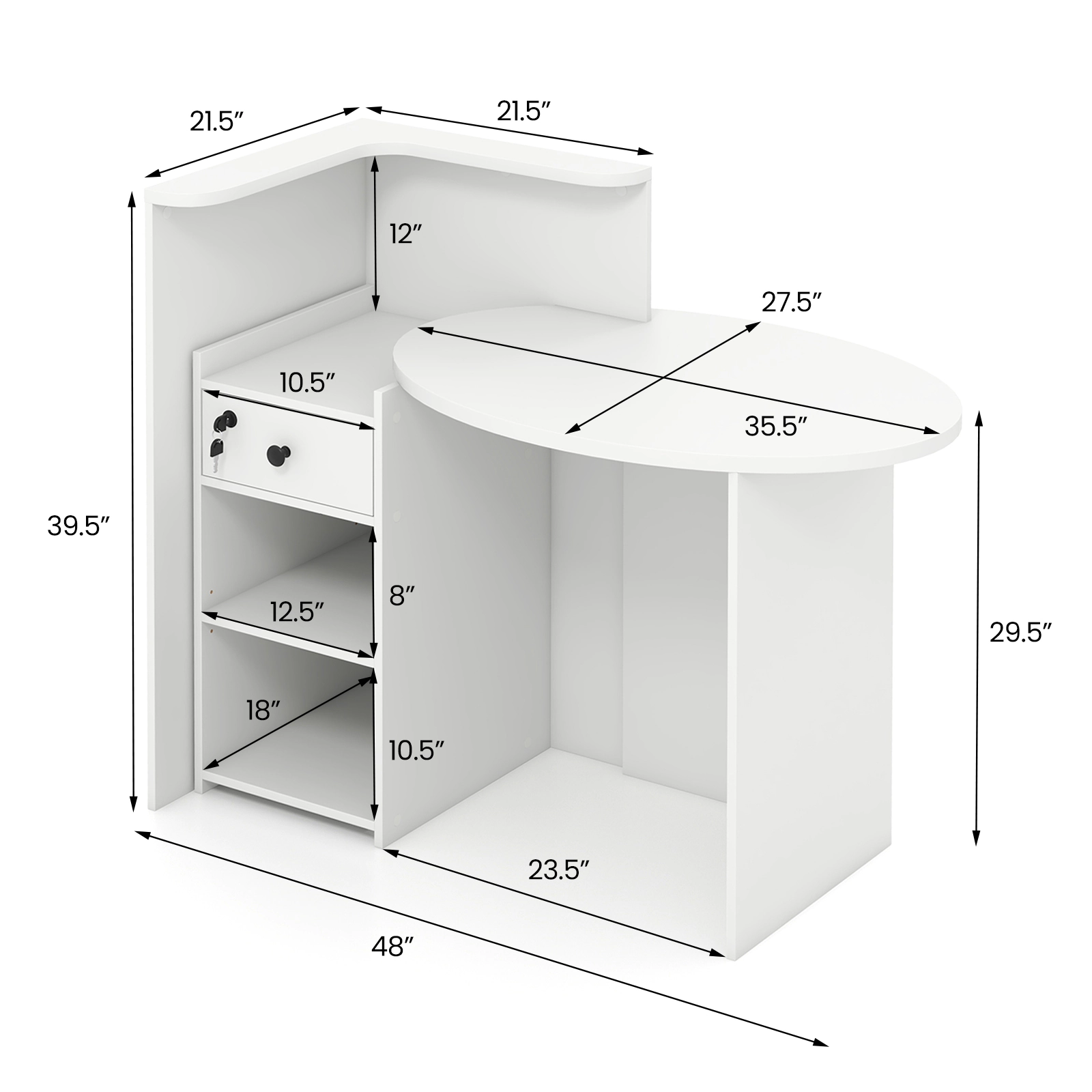 SUGIFT Reception Office Desk with Oval Desktop and L-Shaped Shelf 110-lb Desktop Capacity with Lockable Drawer White