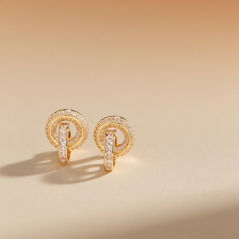 Interlocking Circle Cubic Zirconia Stud Earring Gold Plated Double Linked Ring CZ Earring