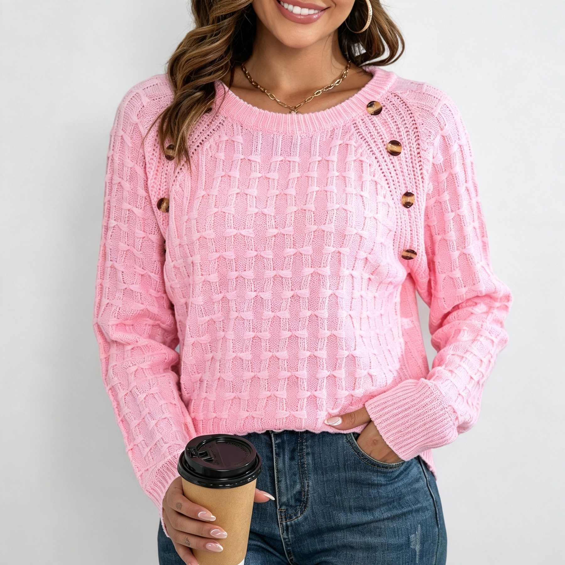 YesFashion Women's Button Front Cable Knit Pullover Sweaters Crew Neck Long Sleeve Textured Jumper Tops