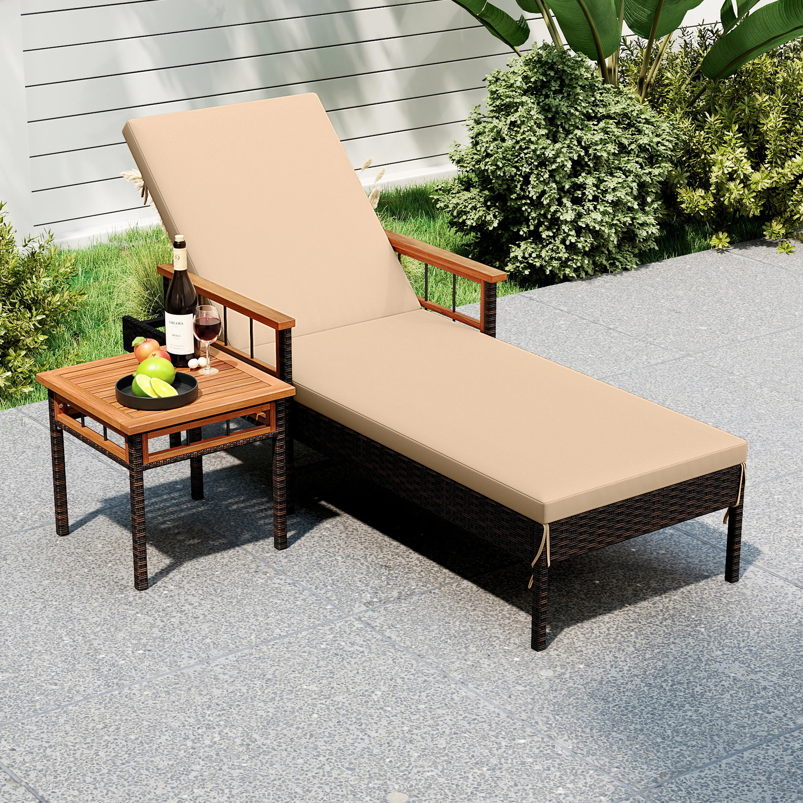 LJG Patio Rattan Chaise Lounge with Side Table and Adjustable Backrest