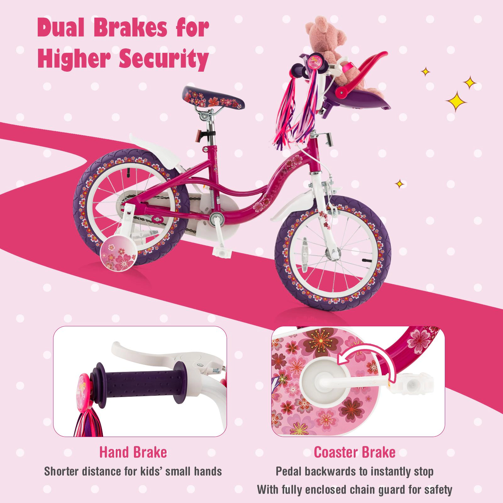 SUGIFT 14-in 80-lb Capacity Kids Bike with Detachable Doll Seat Reflectors and Removable Training Wheels