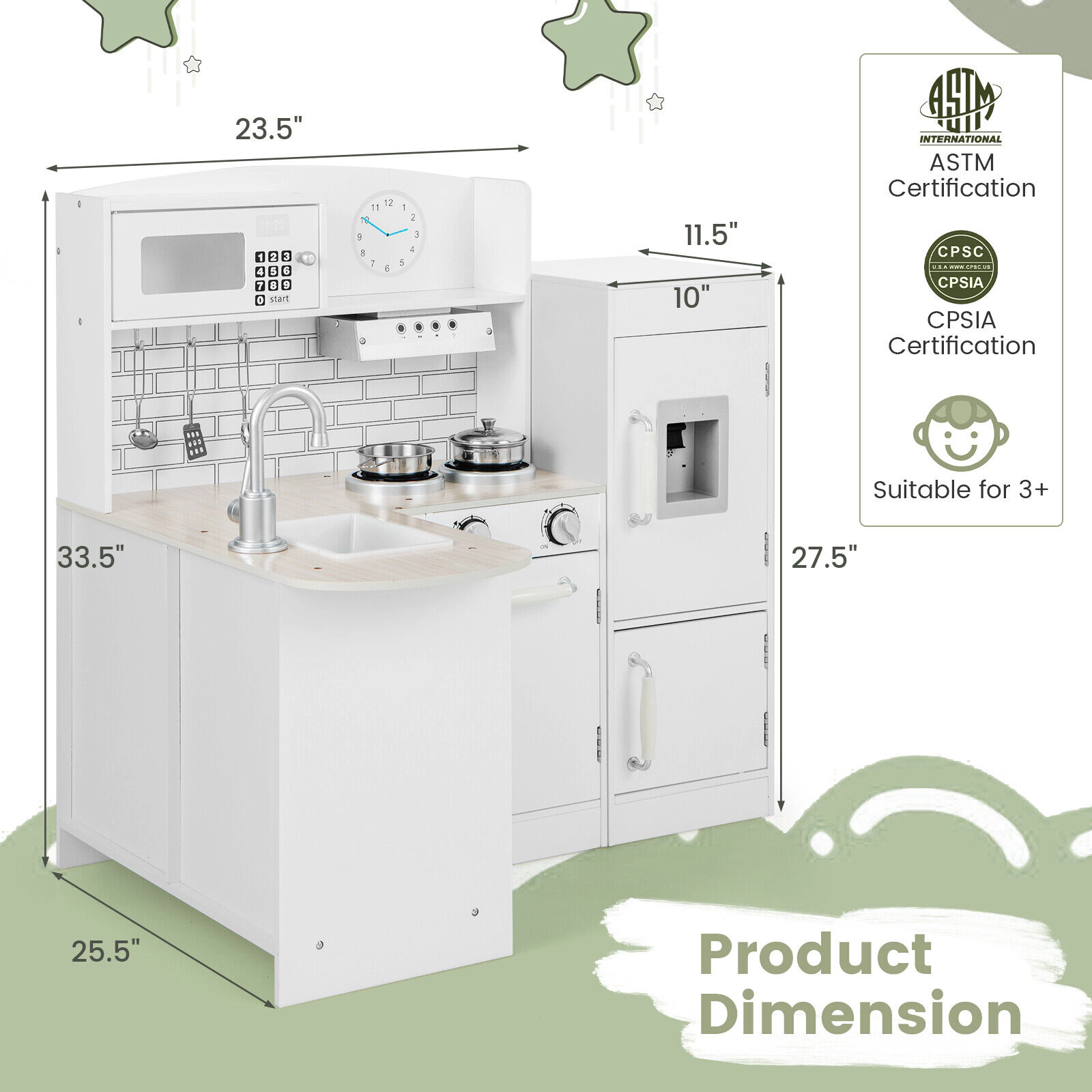 SUGIFT White Microwave Oven Stove and Side Refrigerator Kids Corner Kitchen Playset
