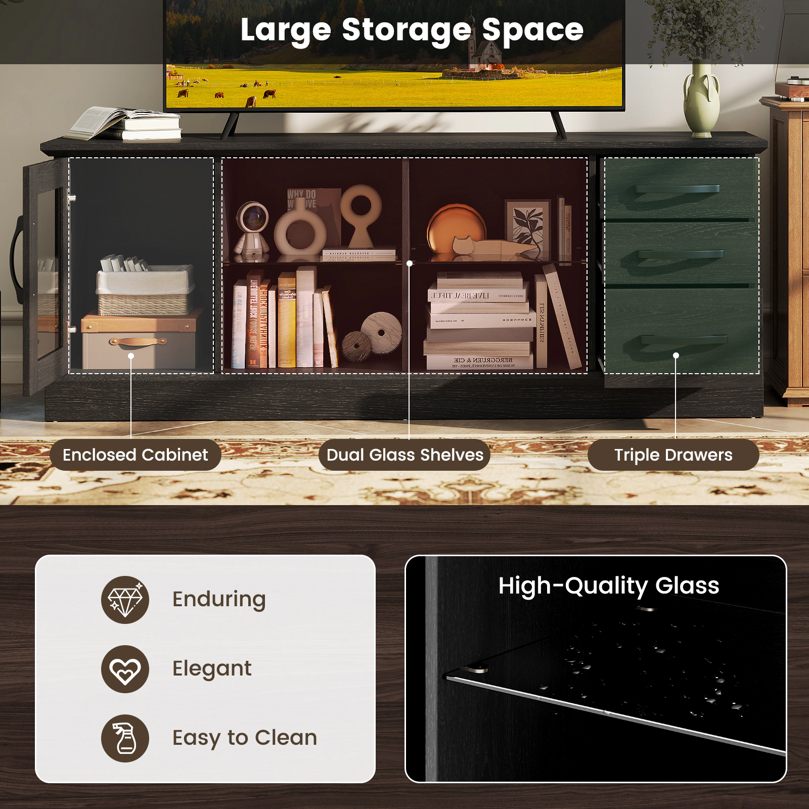 SUGIFT 63 in Media Console Black with 3 Drawers 2 Glass Shelves and Enclosed Cabinet
