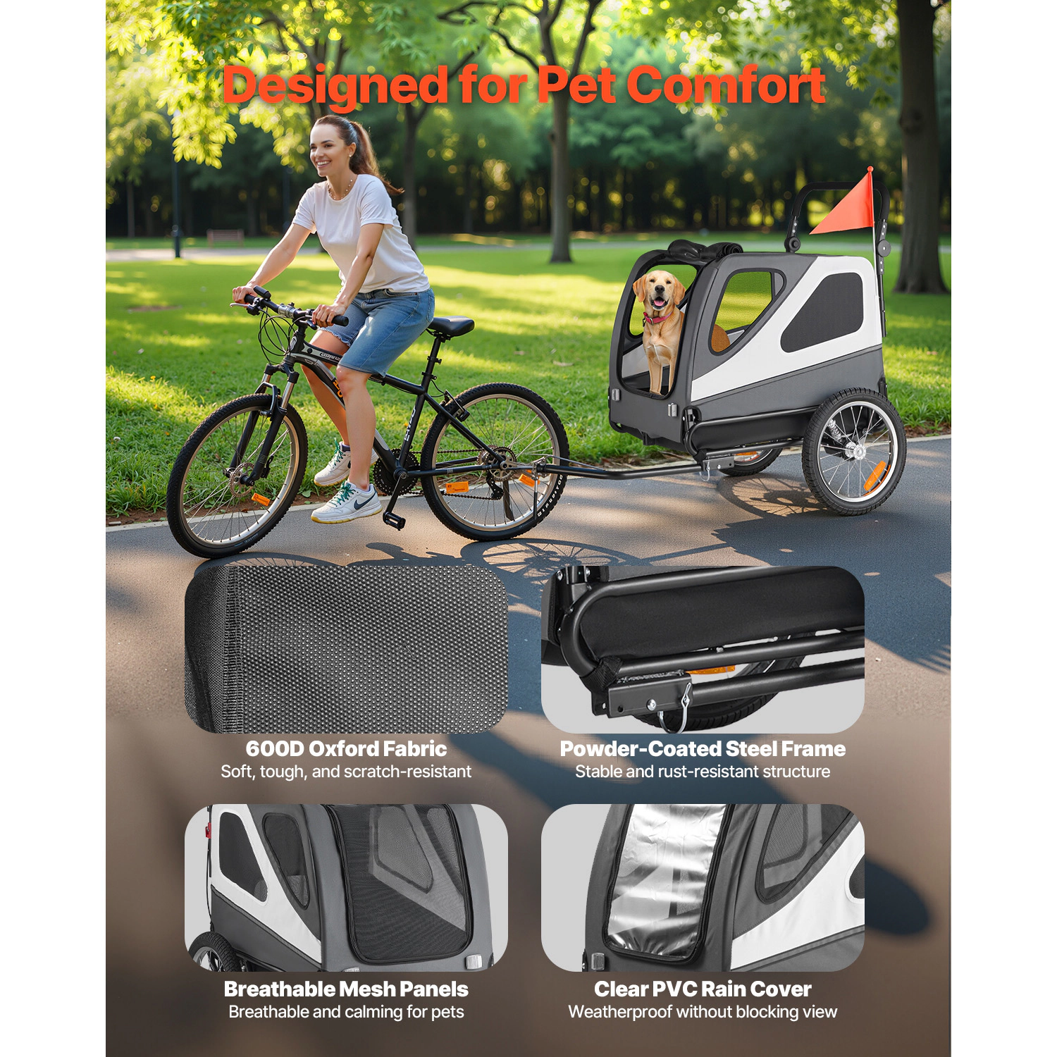 HONGGE 2-in-1 Dog Bike Trailer & Stroller, 100 lb Capacity, Built-In Leash, Foldable Frame for Large Dogs