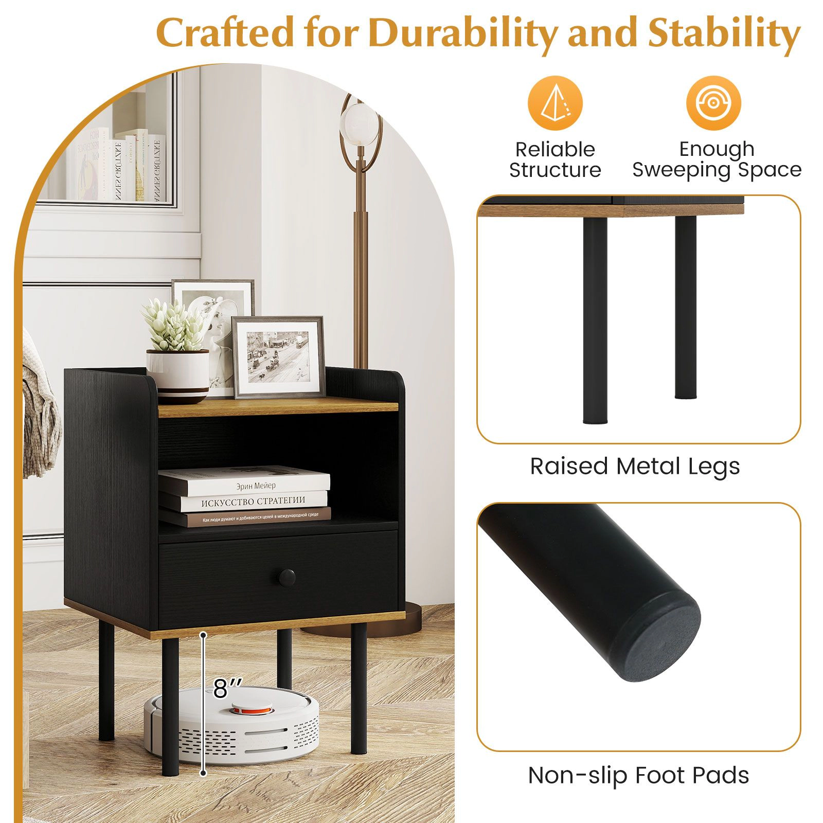 SlickBlue Unisex Modern Nightstand with Drawer and Open Shelf