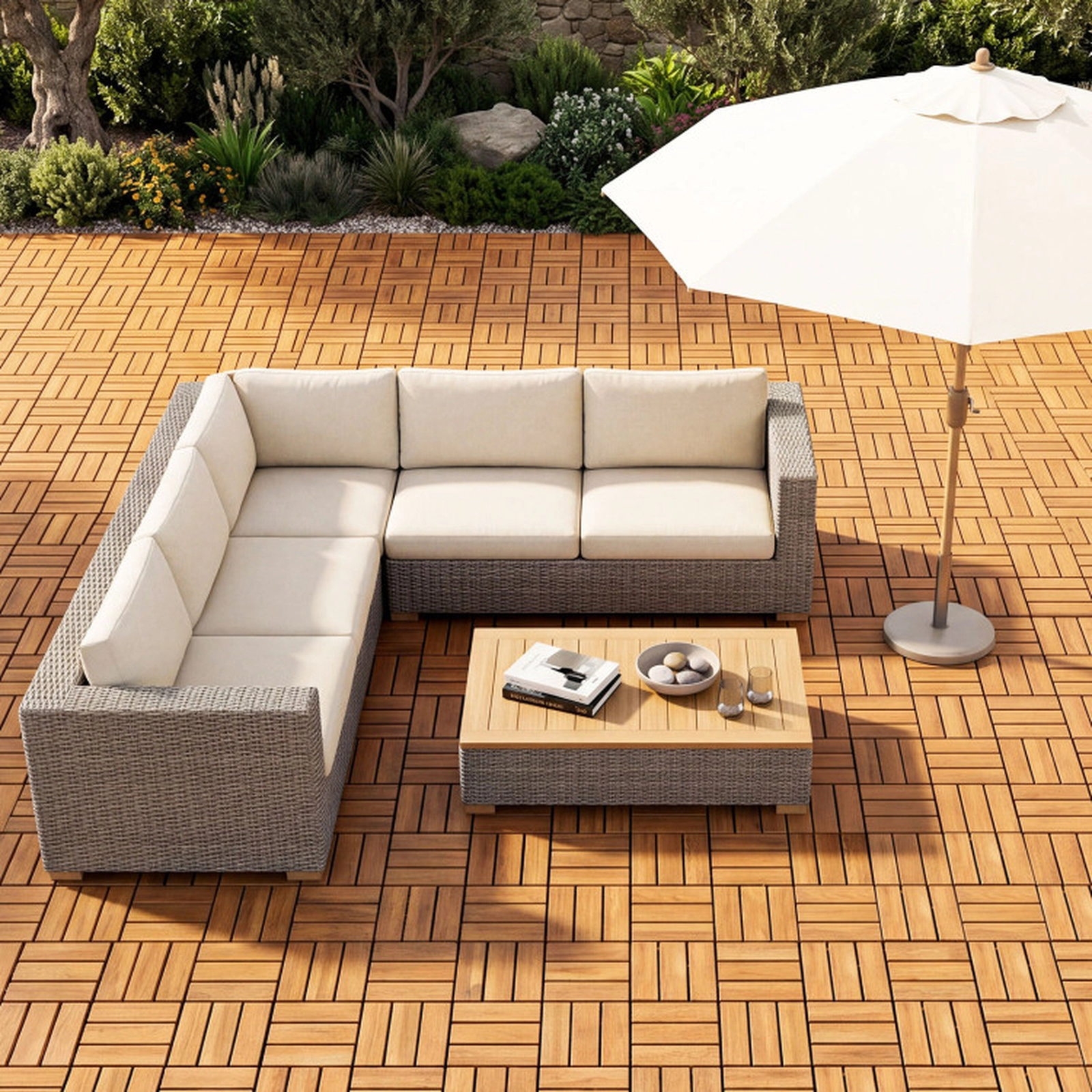SUGIFT 54-Piece 12-in Natural Acacia Wood Interlocking Deck Tiles with Waterproof Diamond PP Base