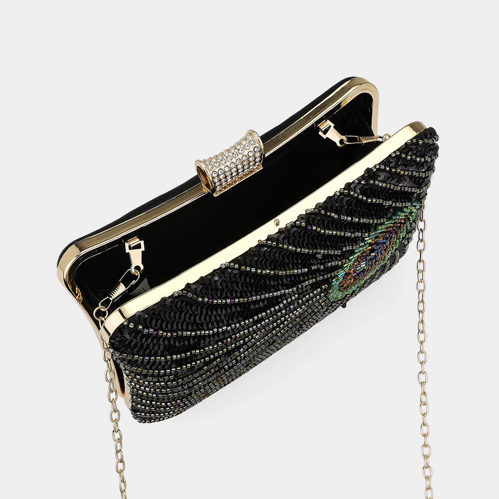 Fashnzfab 7.25" X 5.25" X 2" Beaded Sequin Peacock Clutch Evening Bag Crossbody Bag