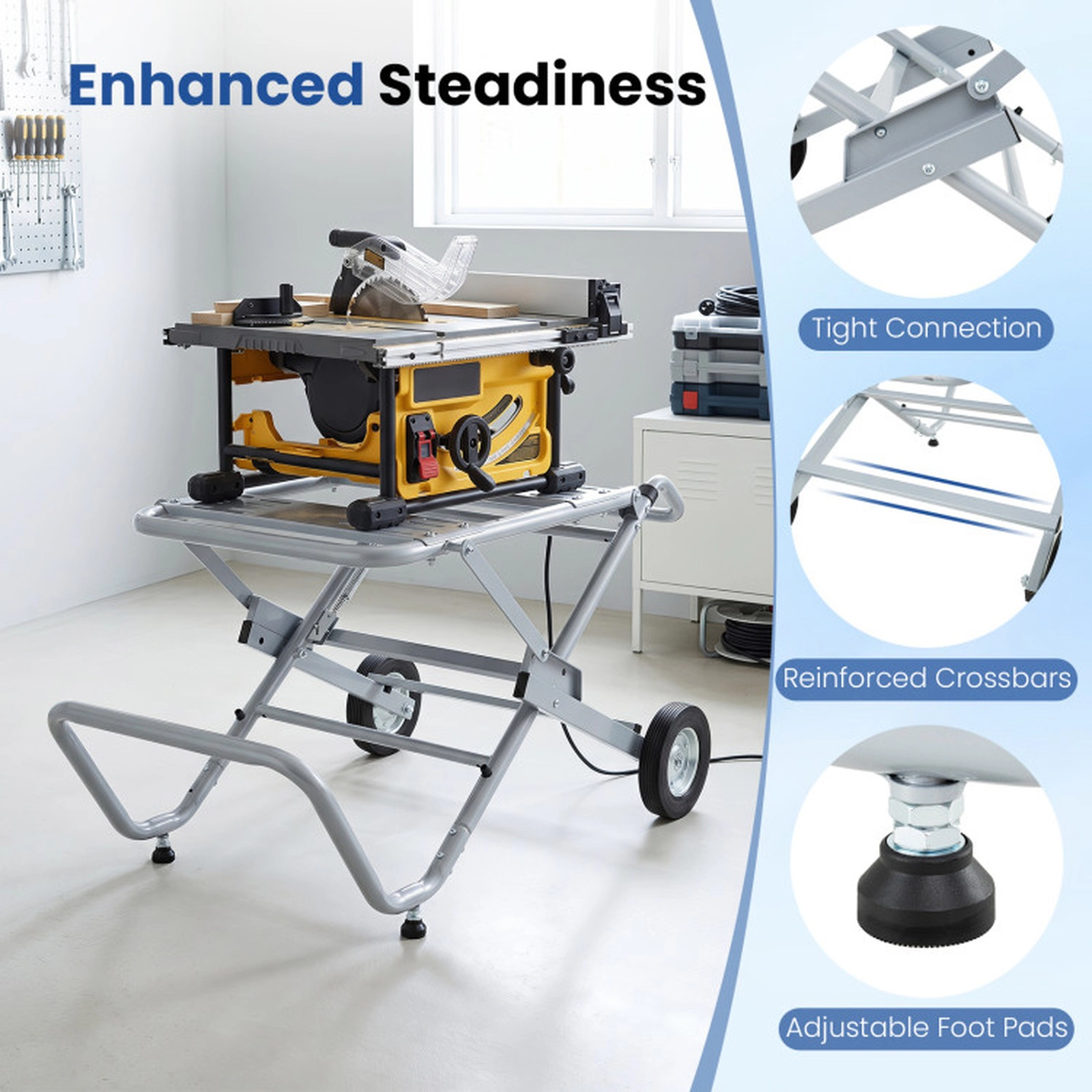 SUGIFT Folding Rolling 8-in Wheels Metal Portable Table Saw Stand 47-in x 28.5-in x 23-in 331-lb Capacity Silver
