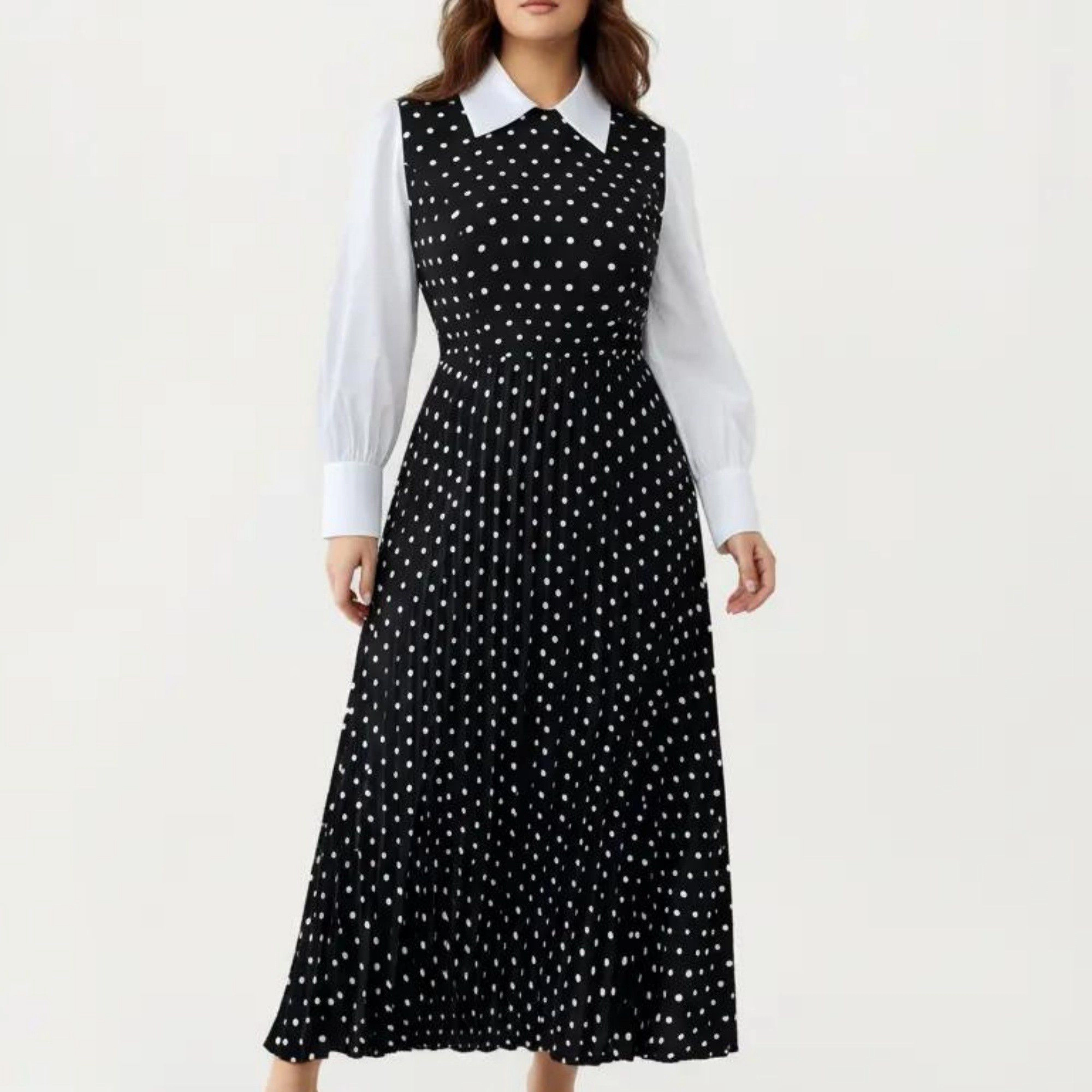 Anna-Kaci Women's Long Sleeve Polka Dot Collared Neck Contrast Detail Pleated Skirt Midi Dress