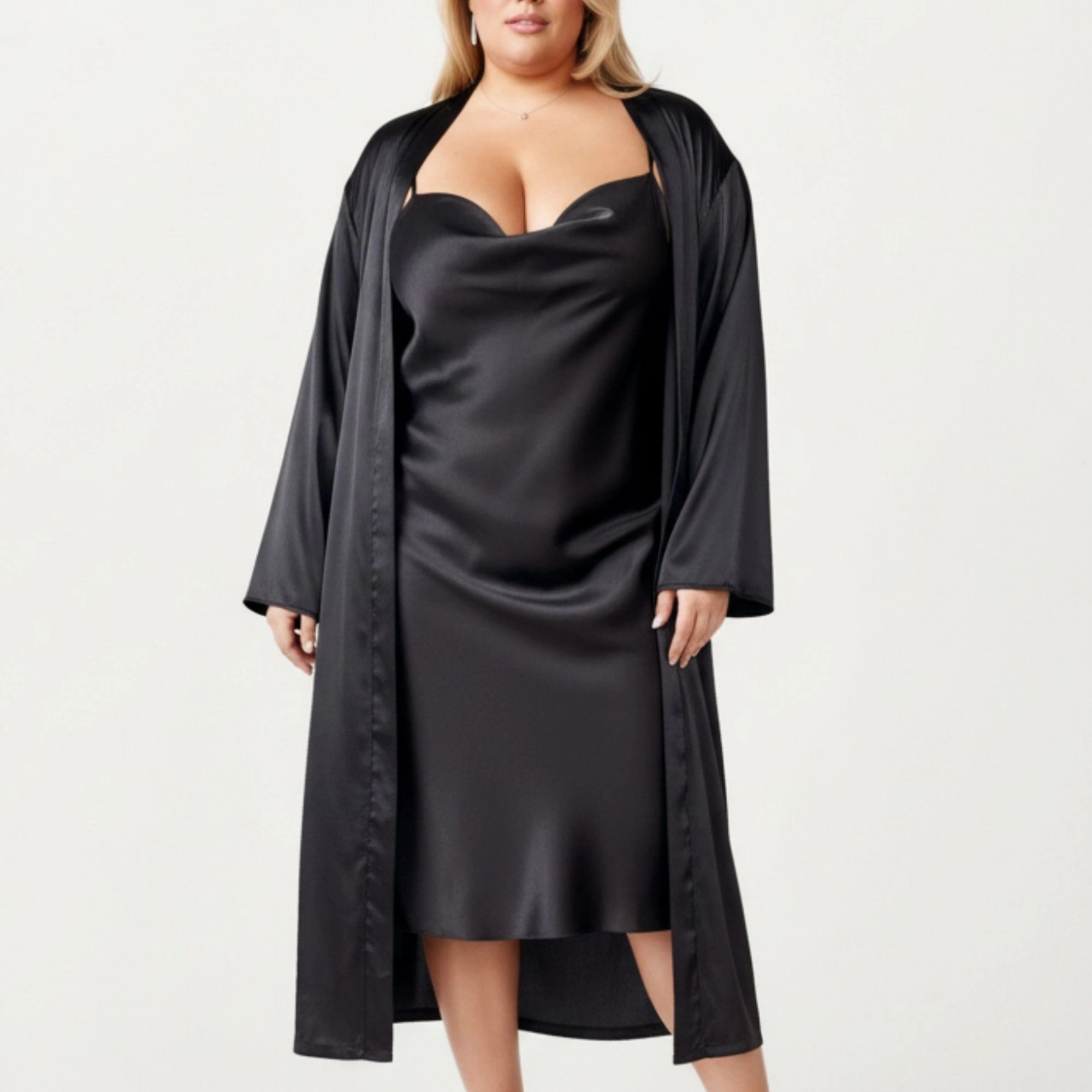 Anna-Kaci Women's Satin Slip Dress and Long Robe Set with Draped Neckline Elegant Flowing Open Front Layered Design