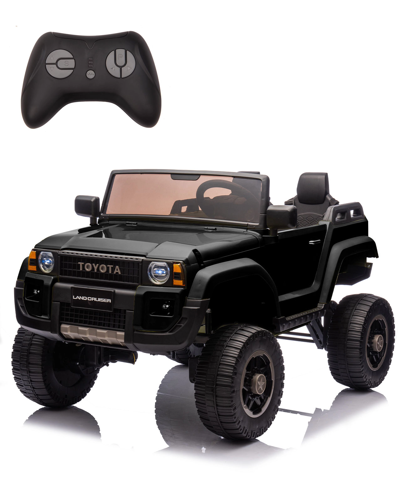 24V Licensed Toyota Land Cruiser Ride-On, 2-Seater 4WD/2WD Switch, Remote Control, LED Lights, Bluetooth, Shovel