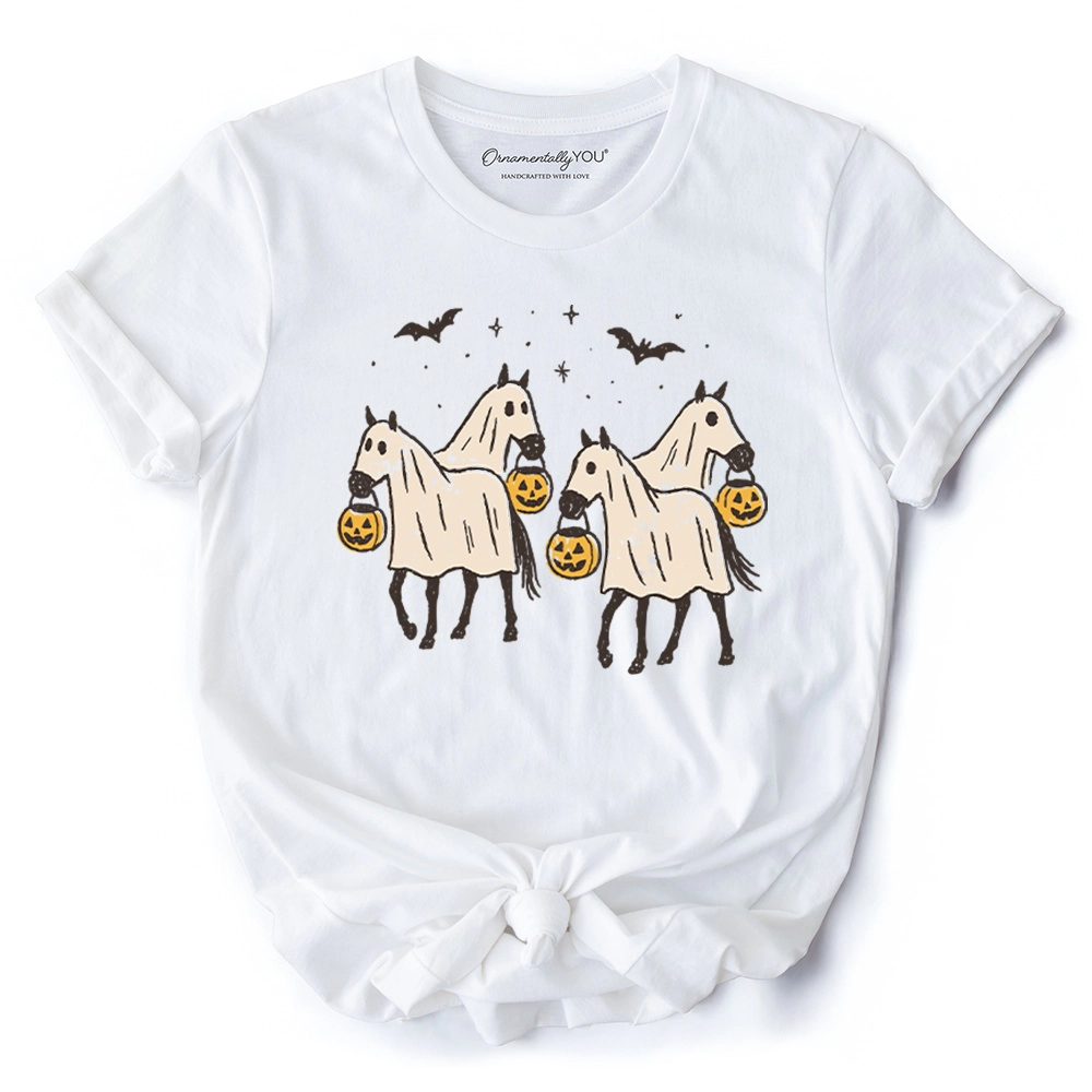 OrnamentallyYou Unisex Retro Halloween Horse Ghosts Spooky Western T-Shirt
