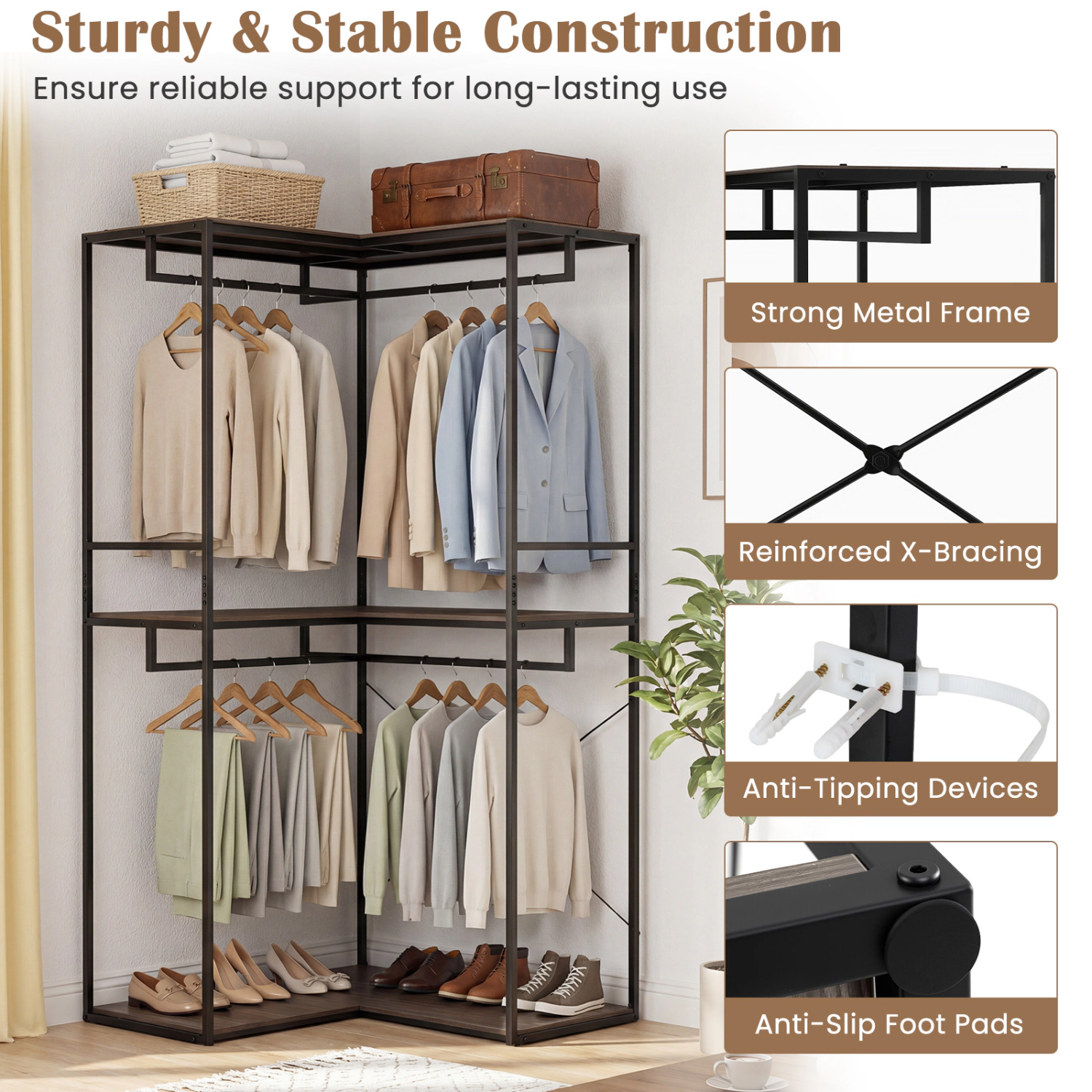 SUGIFT 3-Tier 79-in 375-lb Capacity Black Brown Heavy Duty Clothes Rack with 3 Shelves and 2 Hanging Racks
