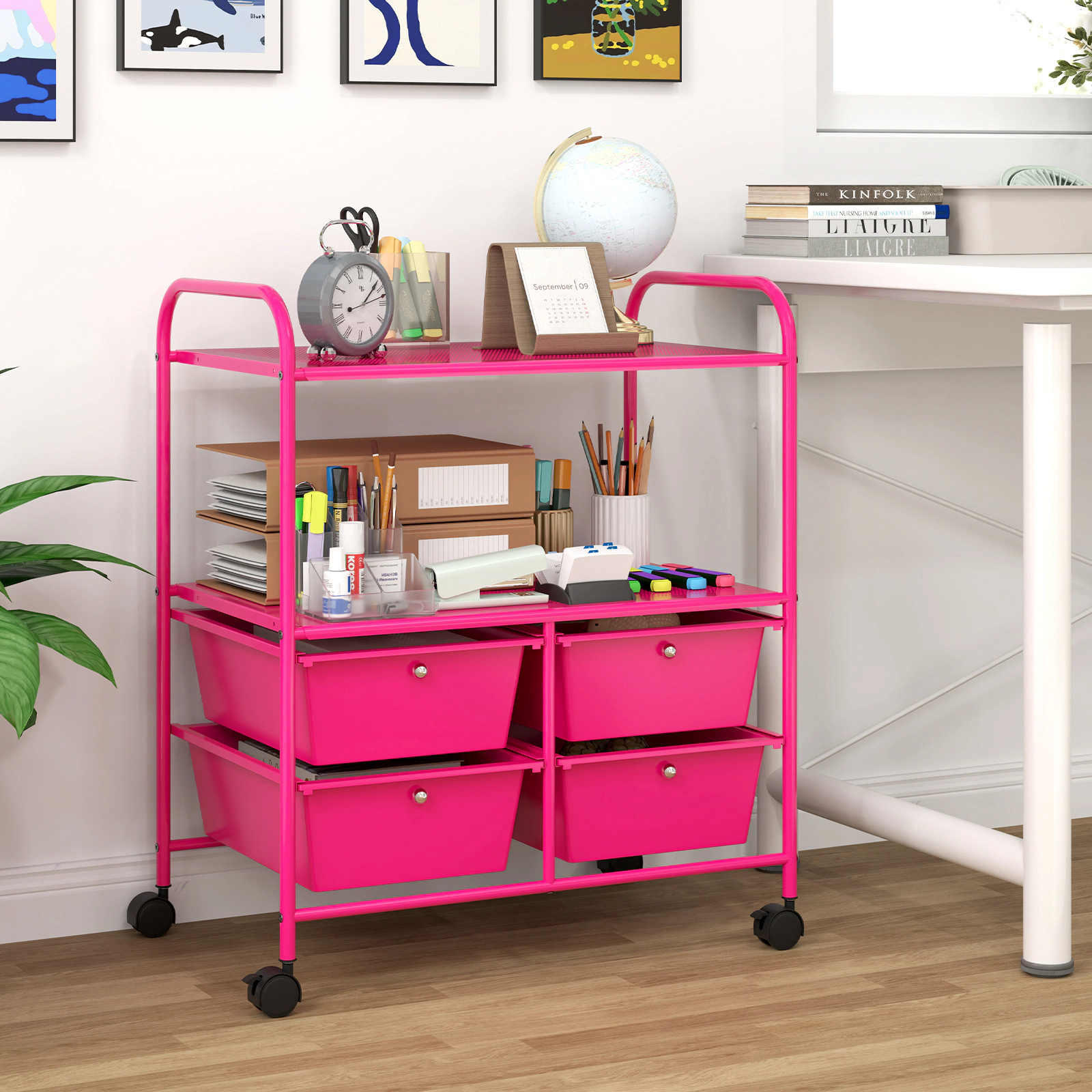 SUGIFT 4-Drawer Rolling Storage Cart with 2 Open Shelves and Locking Casters