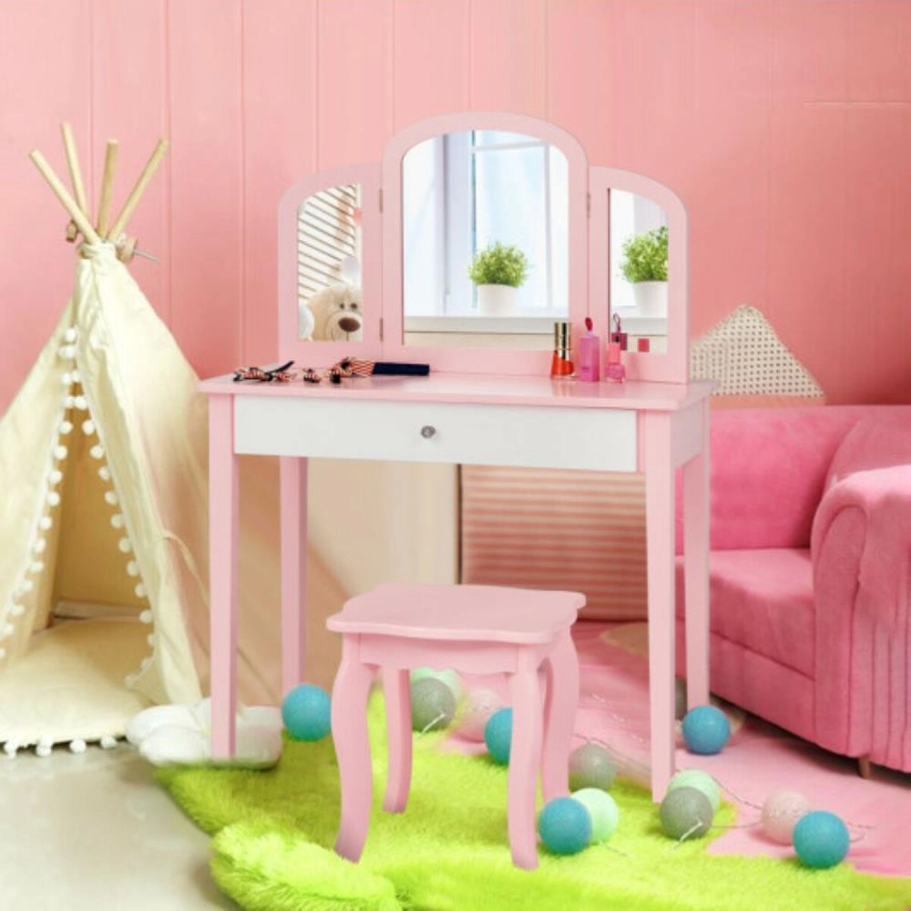 Hivvago Kids Princess Make Up Dressing Table With Tri-Folding Mirror And Chair