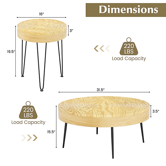 Glintex 2-Piece Solid Pine Round Coffee Table Set with Ripple-Pattern Tops, Natural