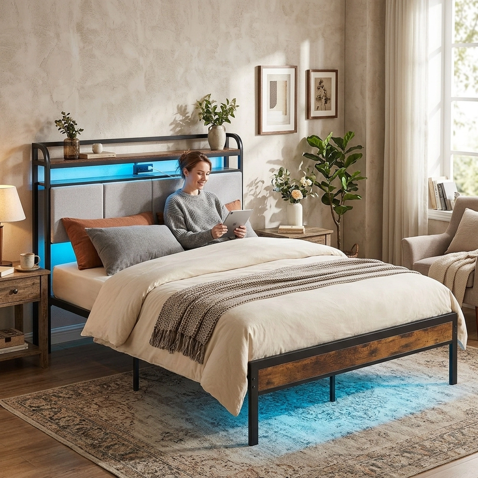 Full Size Metal Bed Frame with LED Light and Charging Station 2-Tier Storage Headboard Platform Bed Rustic Brown